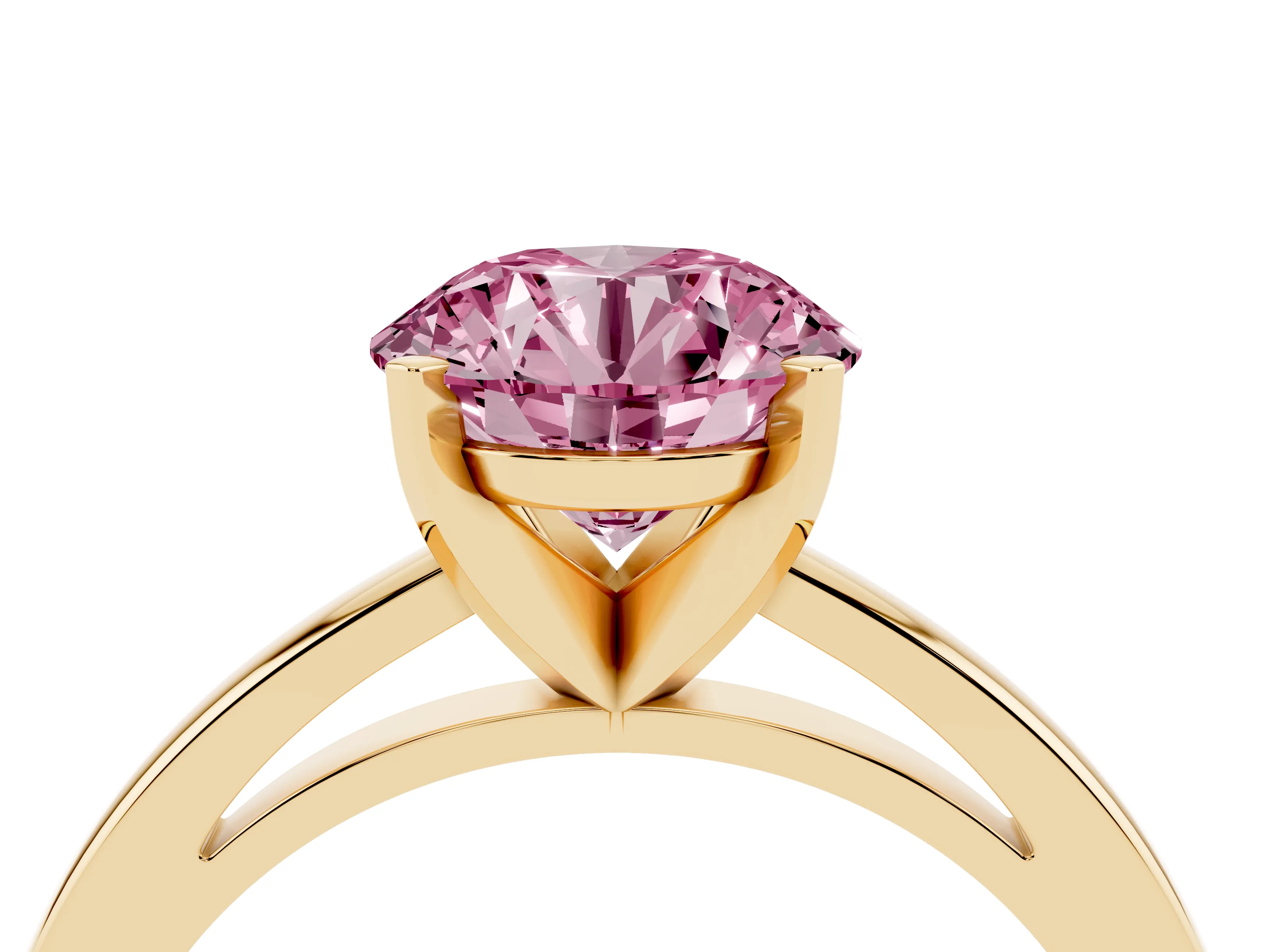 Fancy Pink Round Cut Diamond Solitaire Engagement Ring Set in Yellow gold with Prong Setting on a Classic Band