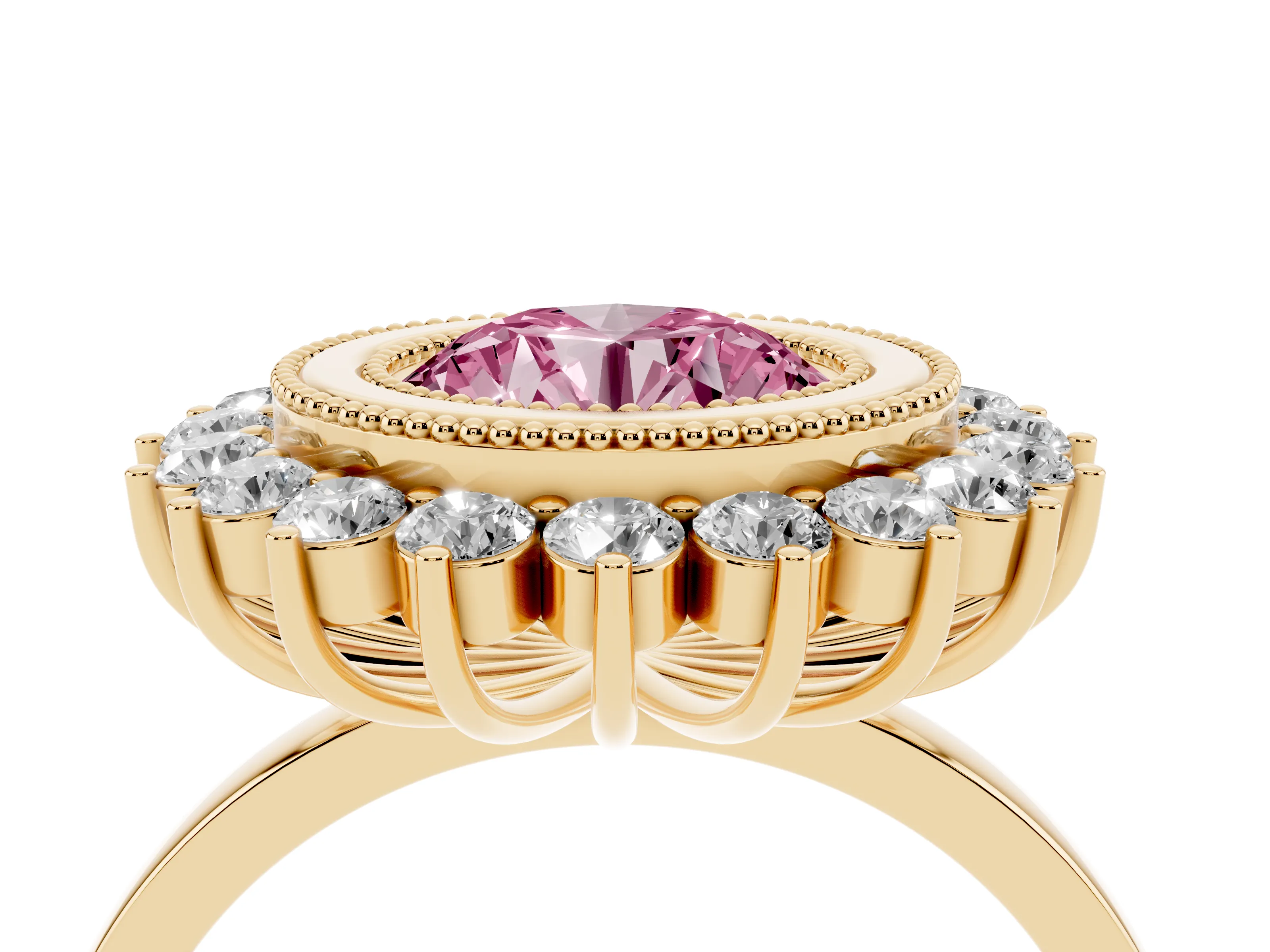 Fancy Pink Round Cut Diamond Halo Ring Set in Yellow gold with Milgrain Edge and Round Prong Setting