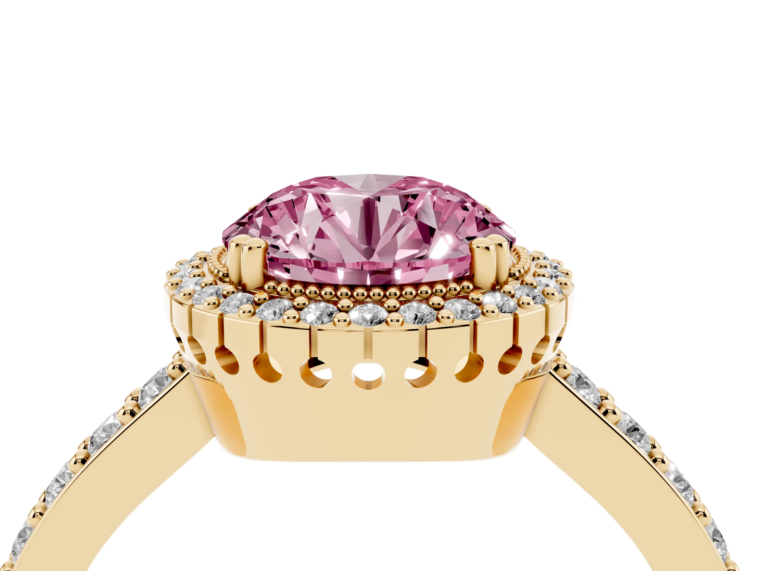 Fancy Pink Round Cut Diamond Halo Engagement Ring Set in Yellow gold with Milgrain Detail and Pavé Band