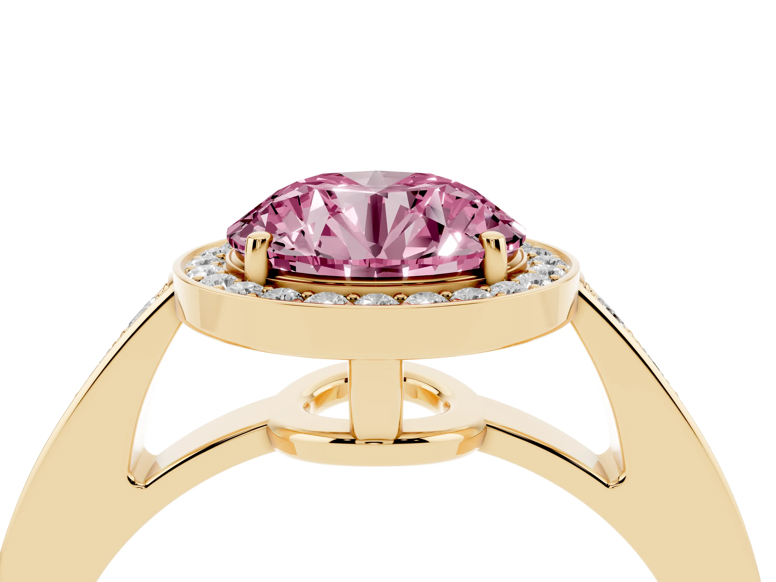 Fancy Pink Round Cut Diamond Halo Pavé Engagement Ring Set in Yellow gold with Bezel Setting