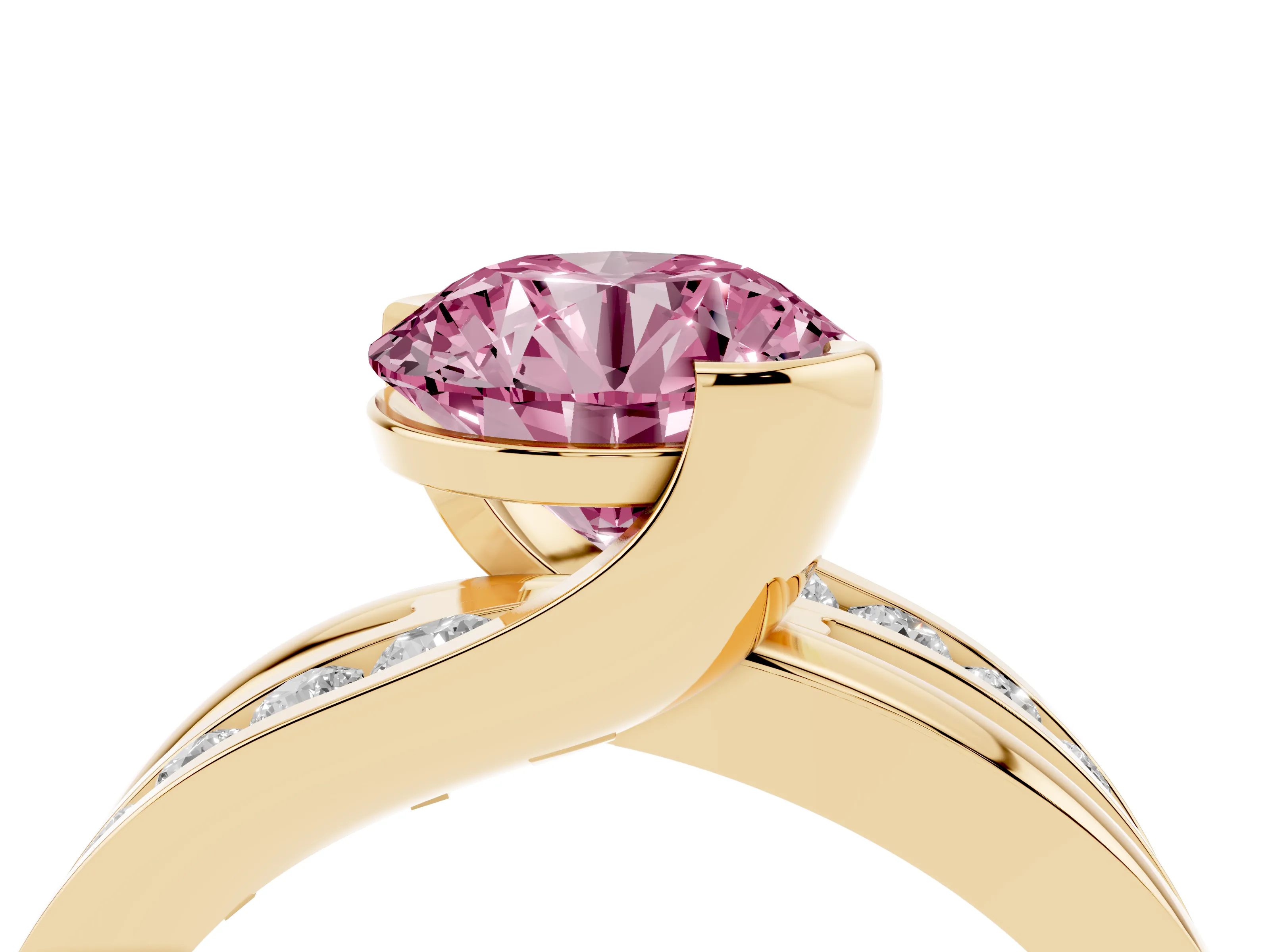 Fancy Pink Round Cut Diamond Solitaire Ring Set in Yellow gold with Channel Set Split Shank and Tension Prongs