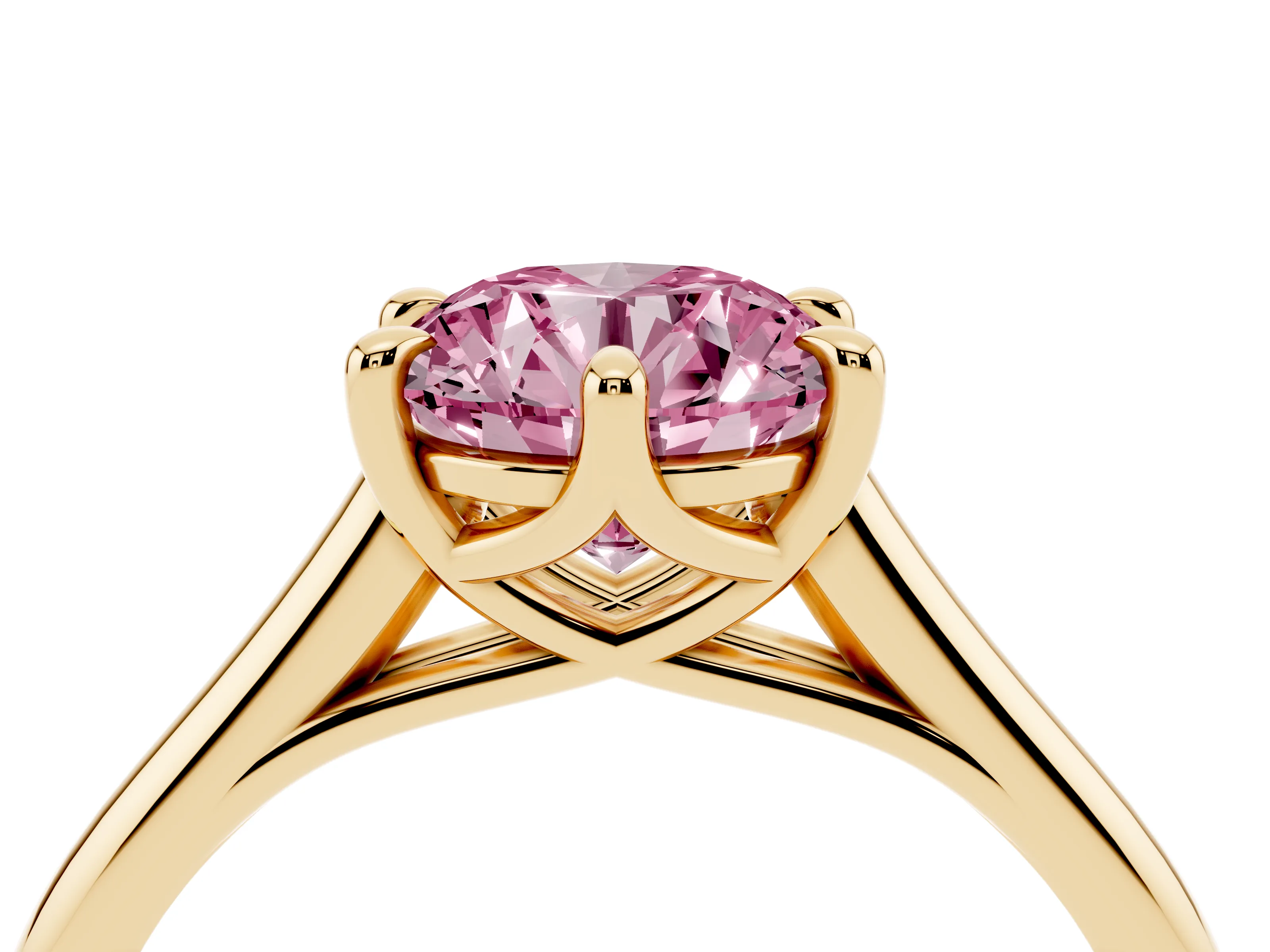 Fancy Pink Round Cut Diamond Solitaire Engagement Ring Set in Yellow gold with Prong Setting and Plain Classic Band