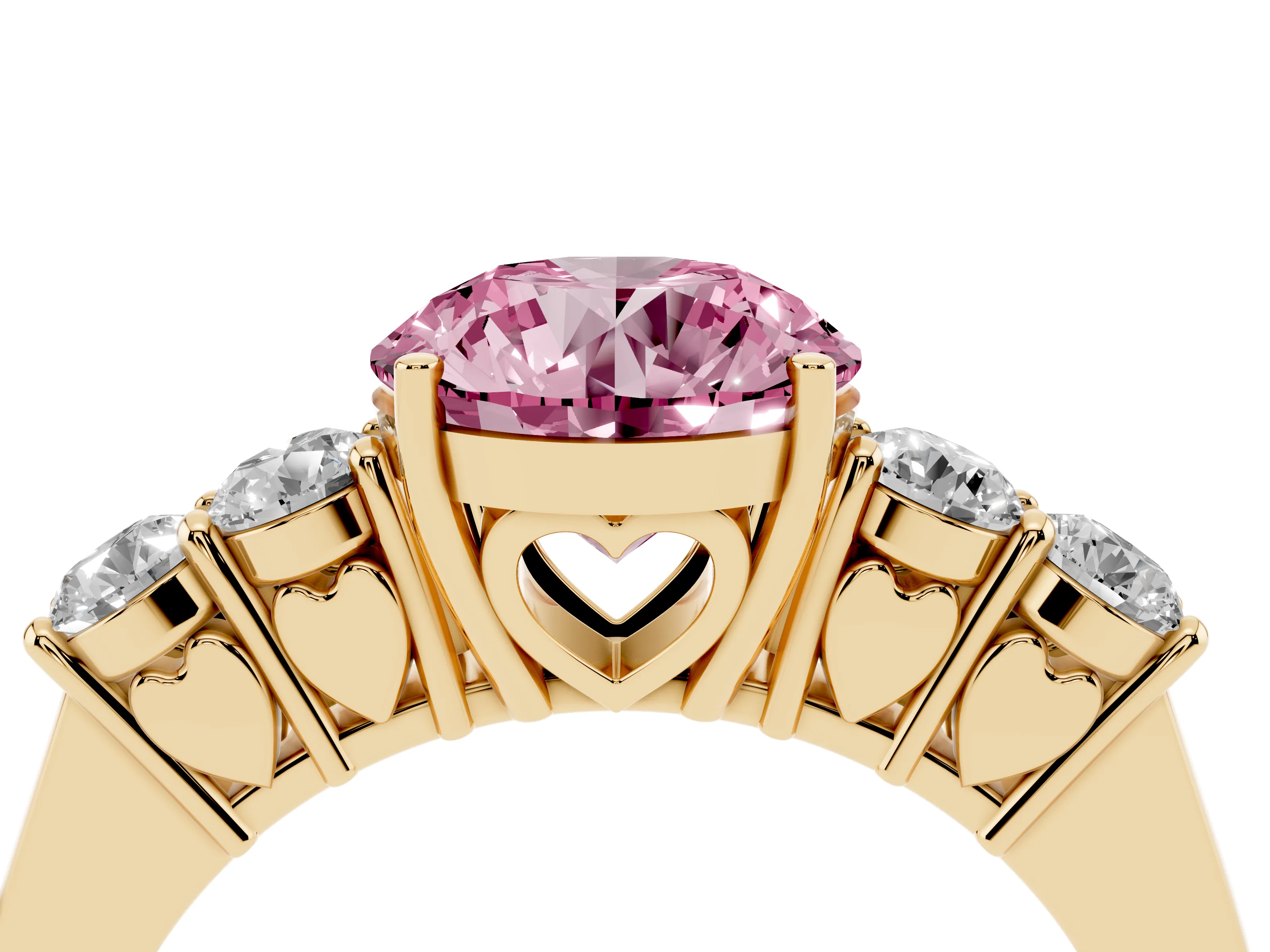 Fancy Pink Round Cut Diamond Five-Stone Prong Set Band Ring Set in Yellow gold with Polished Band