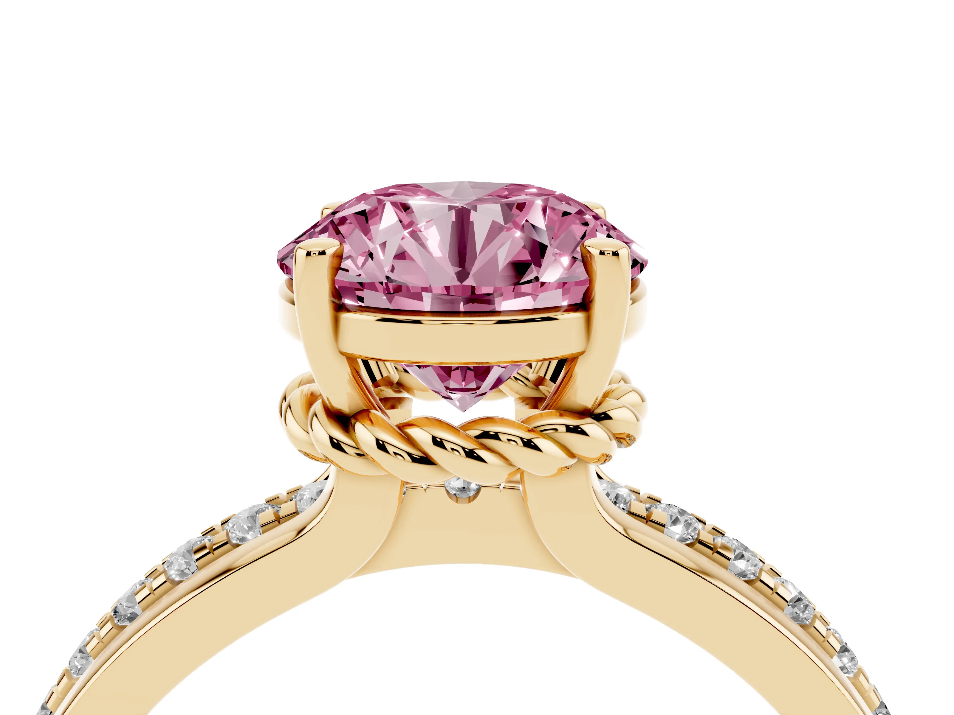 Fancy Pink Round Cut Diamond Solitaire Ring Set in Yellow gold with Channel Set Band and Prong Setting