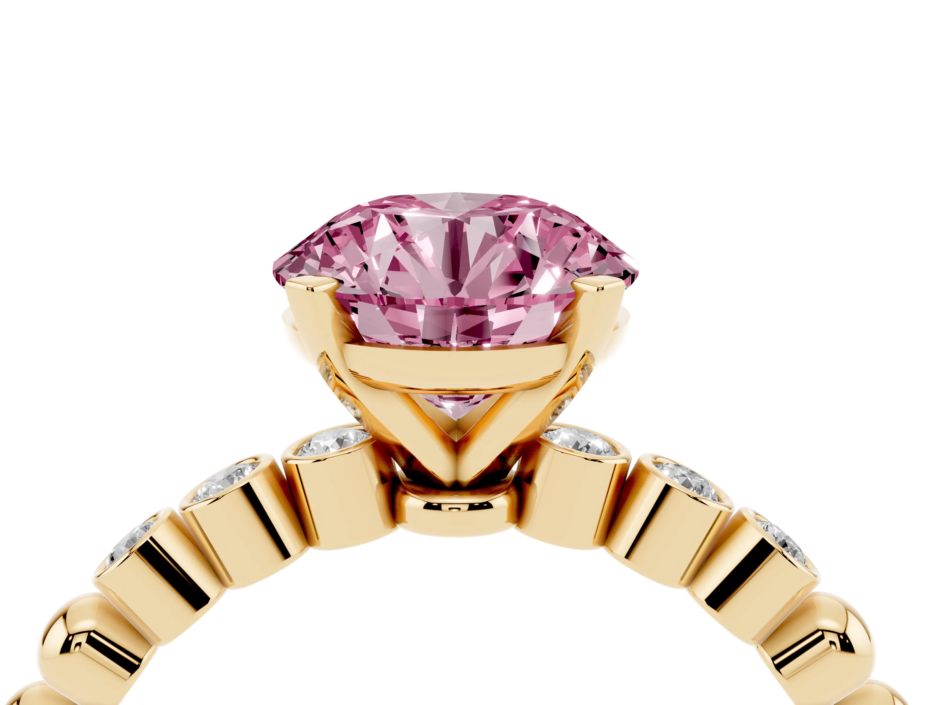 Fancy Pink Round Cut Diamond Solitaire Engagement Ring Set in Yellow gold with Bezel Accents on Beaded Band