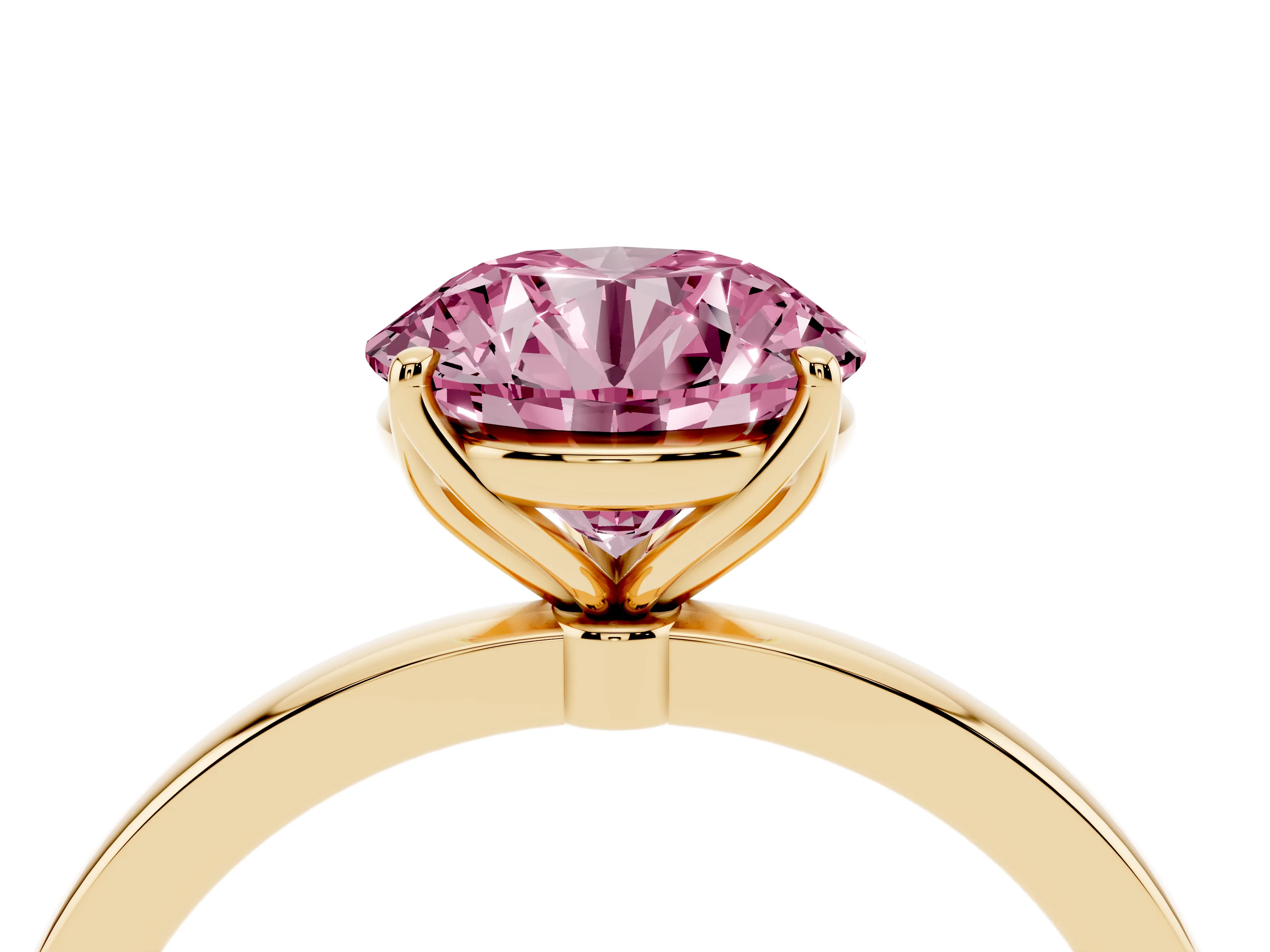 Fancy Pink Round Cut Diamond Solitaire Ring Set in Yellow gold with Prong Setting and Thin Polished Band