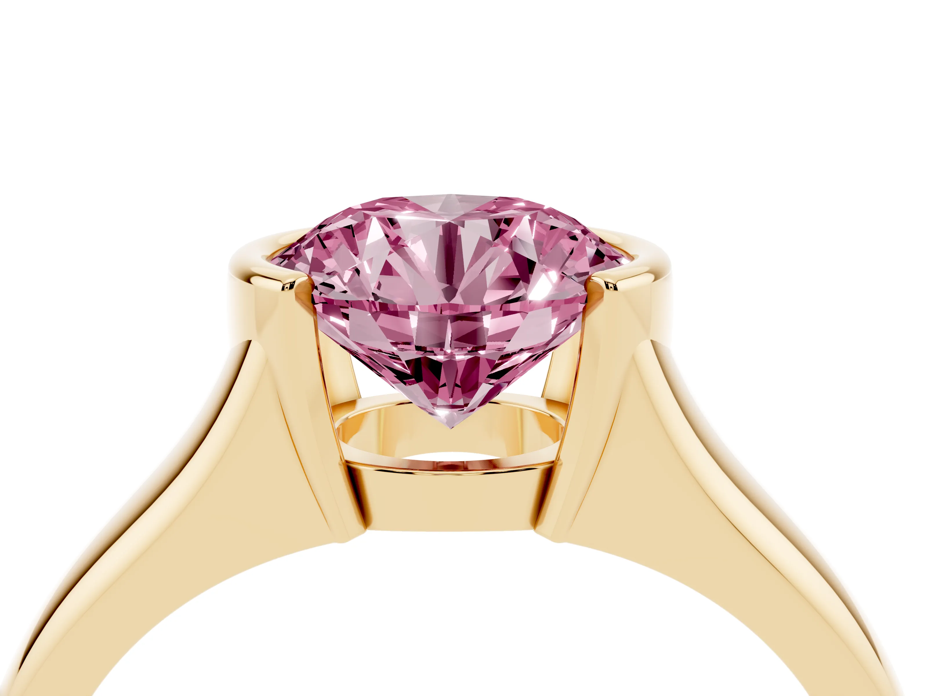 Fancy Pink Round Cut Diamond Solitaire Tension Set Ring Set in Yellow gold with Split Shank Band