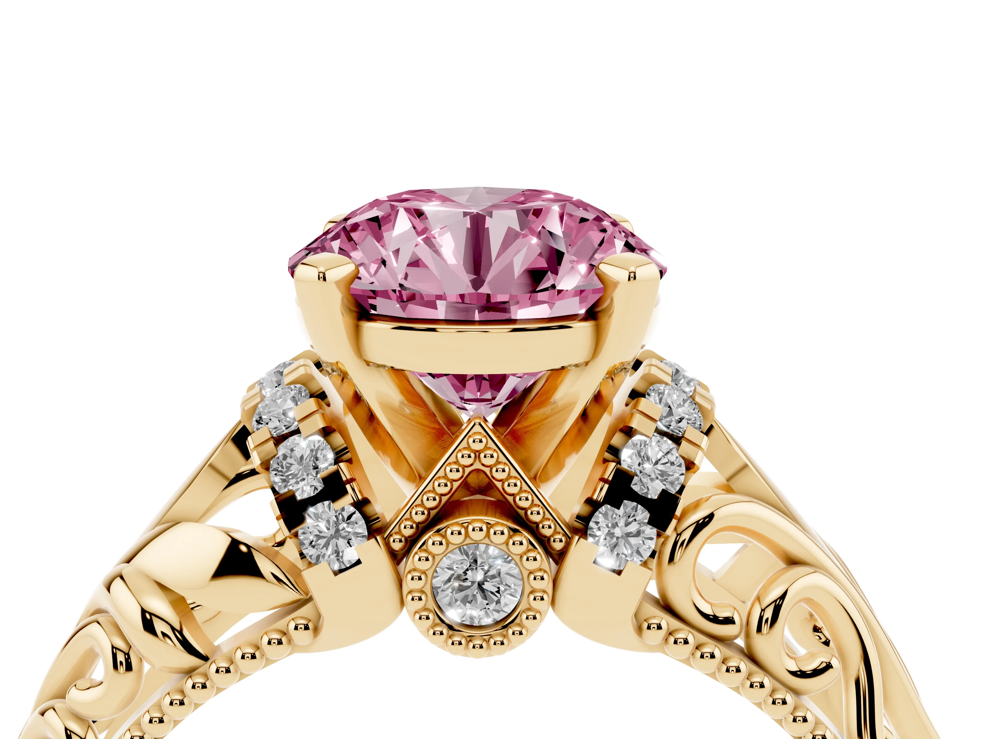 Fancy Pink Round Cut Diamond Filigree Halo Engagement Ring Set in Yellow gold with Prong Setting