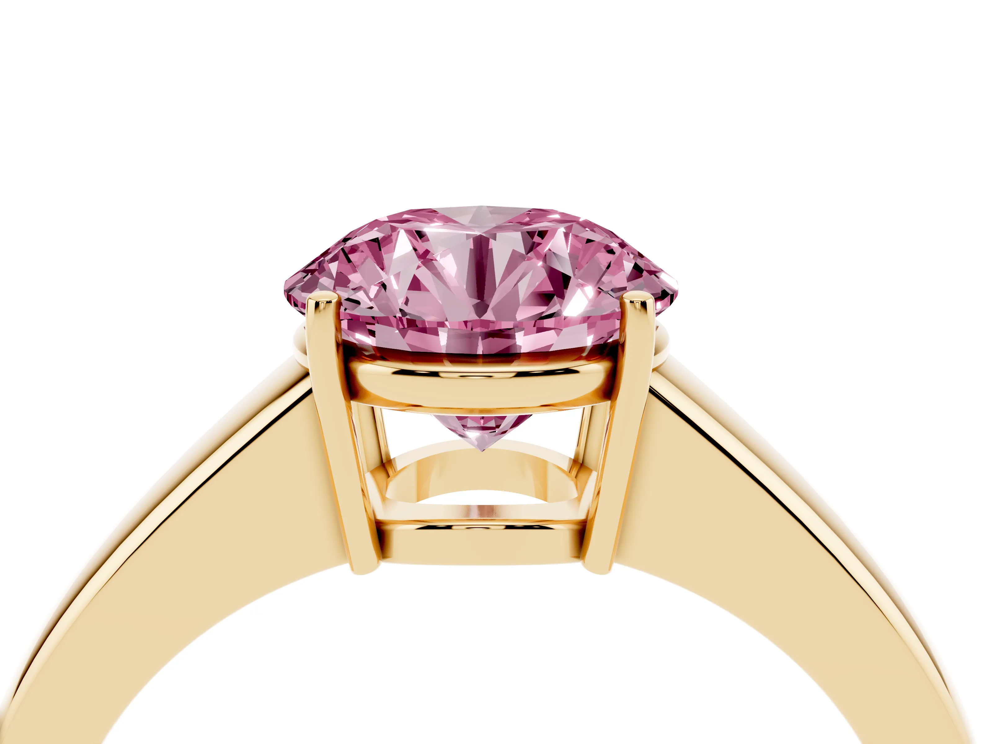 Fancy Pink Round Cut Diamond Solitaire Ring Set in Yellow gold with Tapered Band and Prong Setting