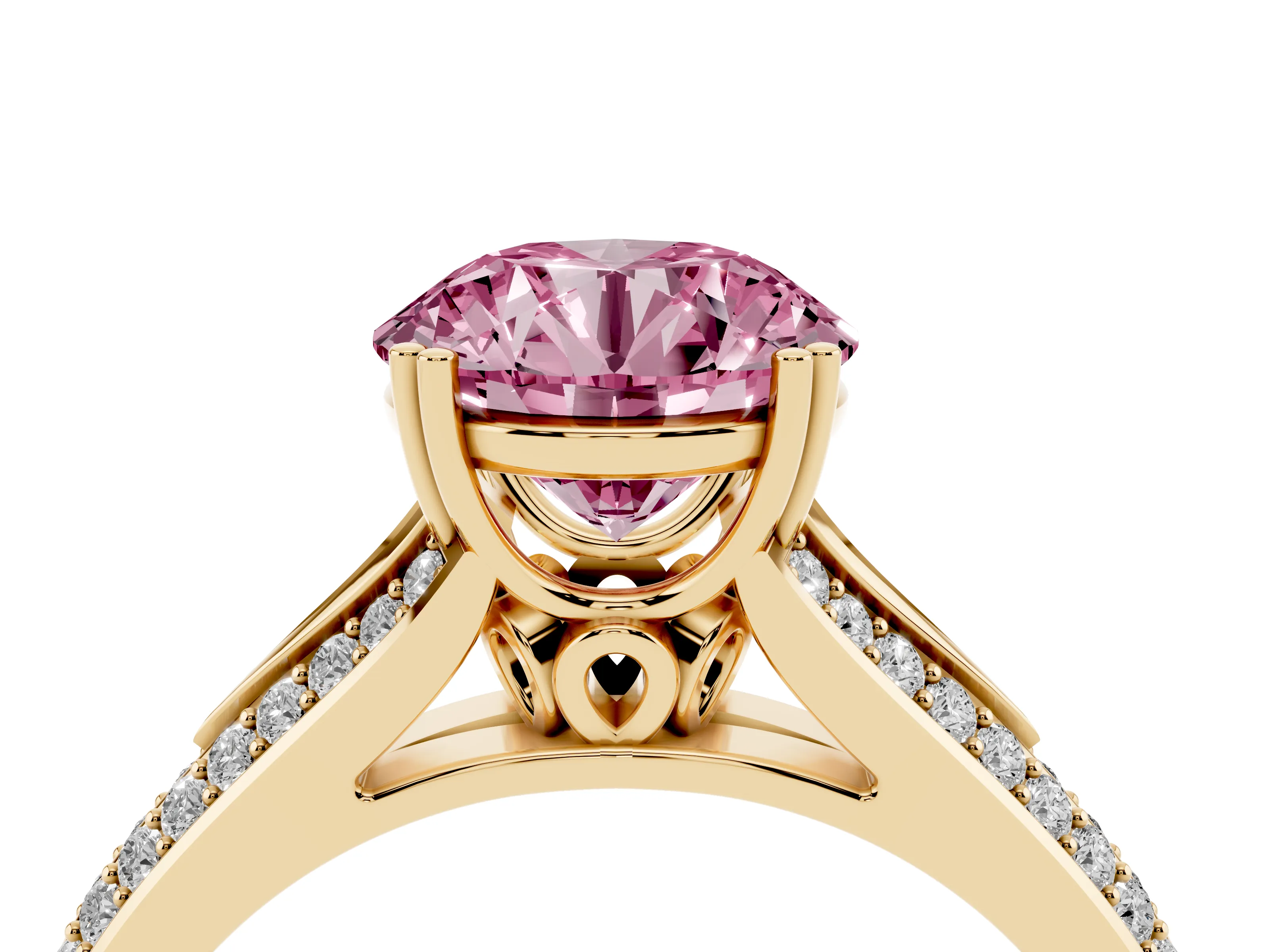 Fancy Pink Round Cut Diamond Split Shank Pavé Engagement Ring Set in Yellow gold with Prong-Set Center Stone