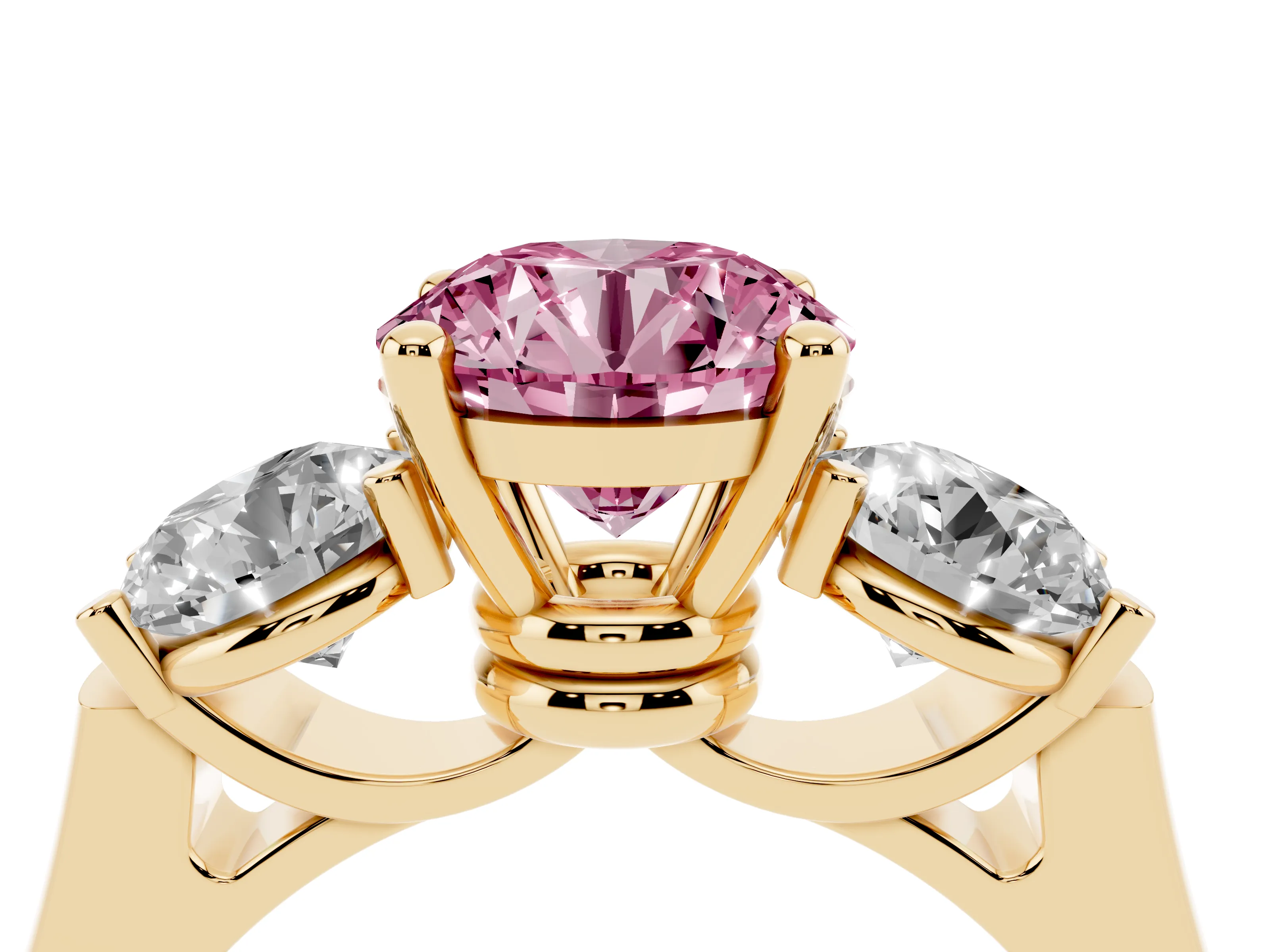 Fancy Pink Round Cut Diamond Three-Stone Trellis Ring Set in Yellow gold with Comfort Fit Band