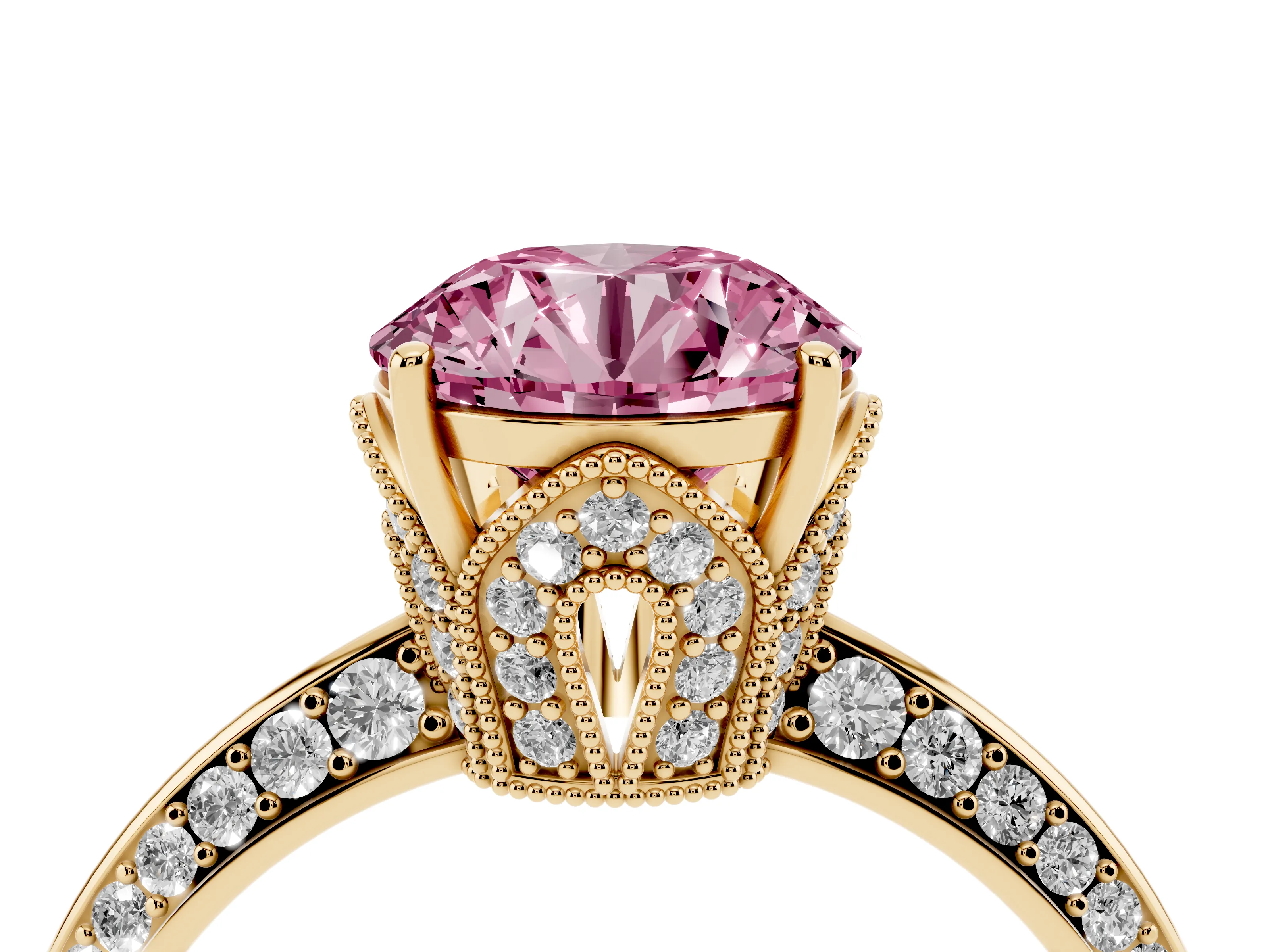 Fancy Pink Round Cut Diamond Solitaire Engagement Ring Set in Yellow gold with Pavé Split Shank and Prong Setting