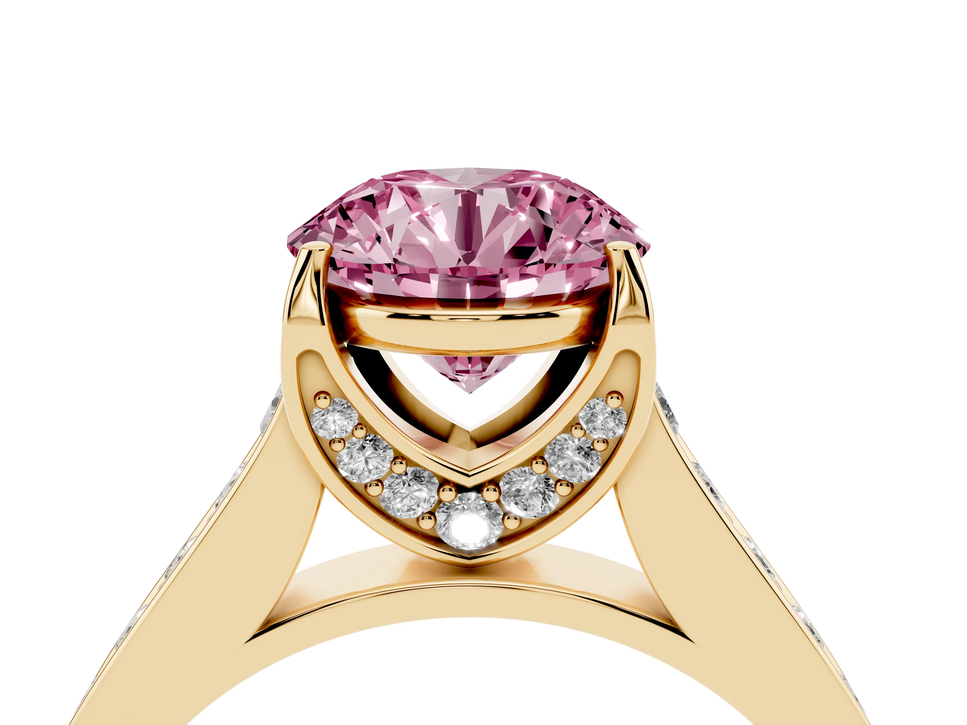 Fancy Pink Round Cut Diamond Solitaire Pavé Engagement Ring Set in Yellow gold with Prong Setting