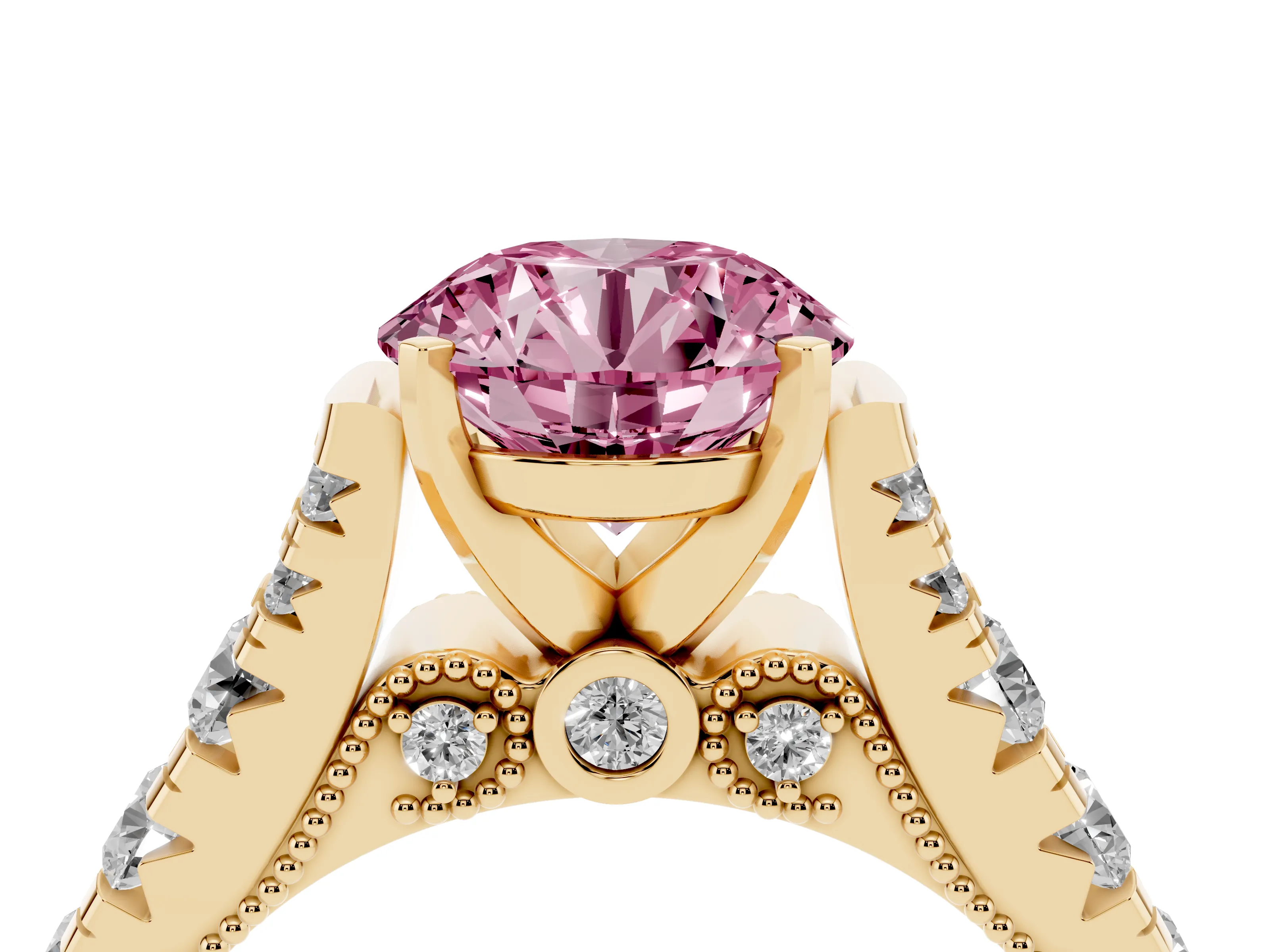 Fancy Pink Round Cut Diamond Classic Solitaire Ring Set in Yellow gold with Pavé Band and Prong Setting