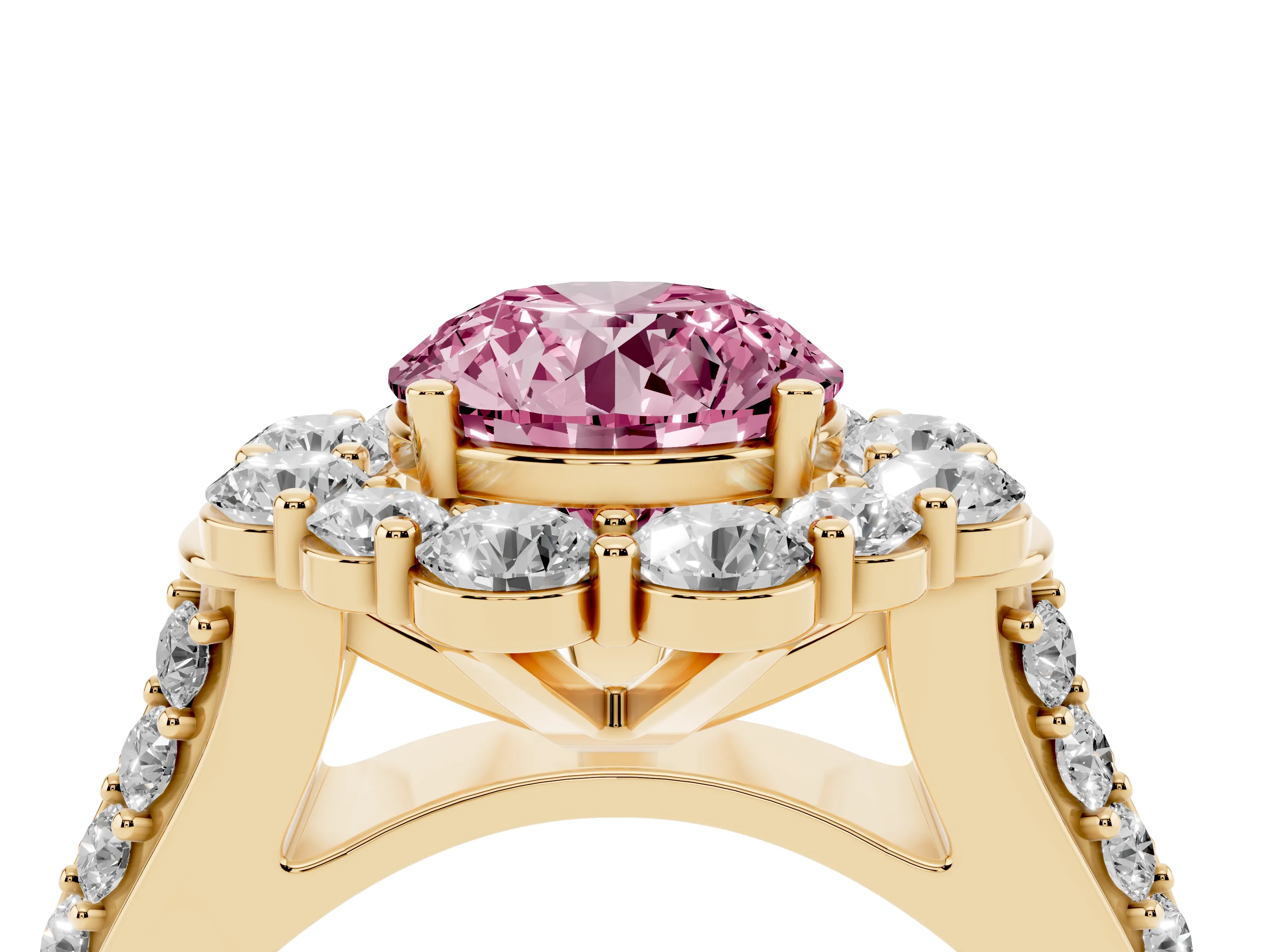 Fancy Pink Round Cut Diamond Halo Engagement Ring Set in Yellow gold with Split Shank and Prong Setting