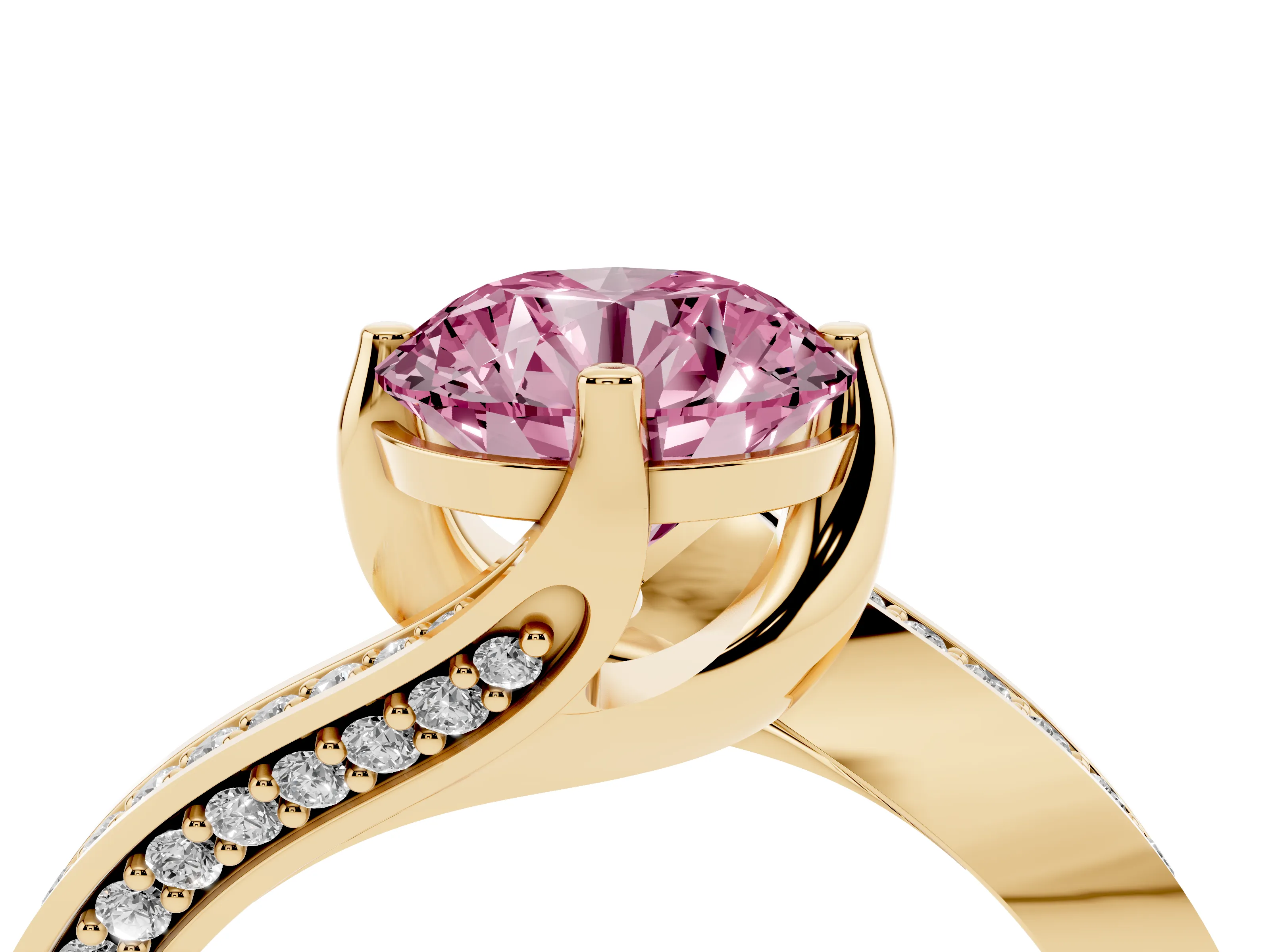 Fancy Pink Round Cut Diamond Solitaire Ring Set in Yellow gold with Intertwined Pavé Twist Band