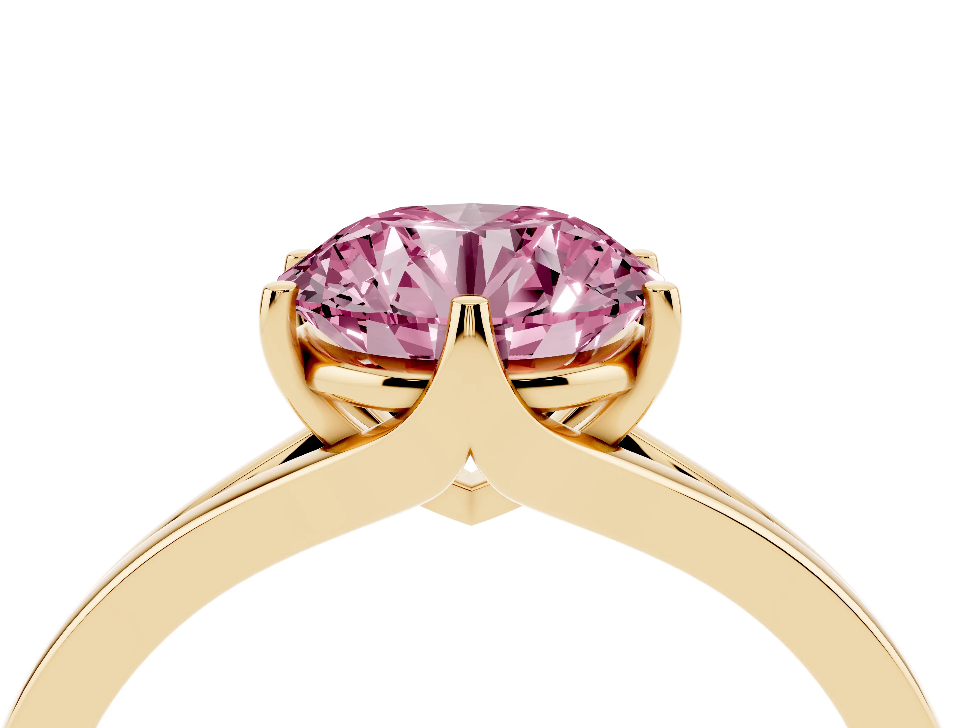 Fancy Pink Round Cut Diamond Solitaire Ring Set in Yellow gold with Polished Tapered Band and Prong Setting