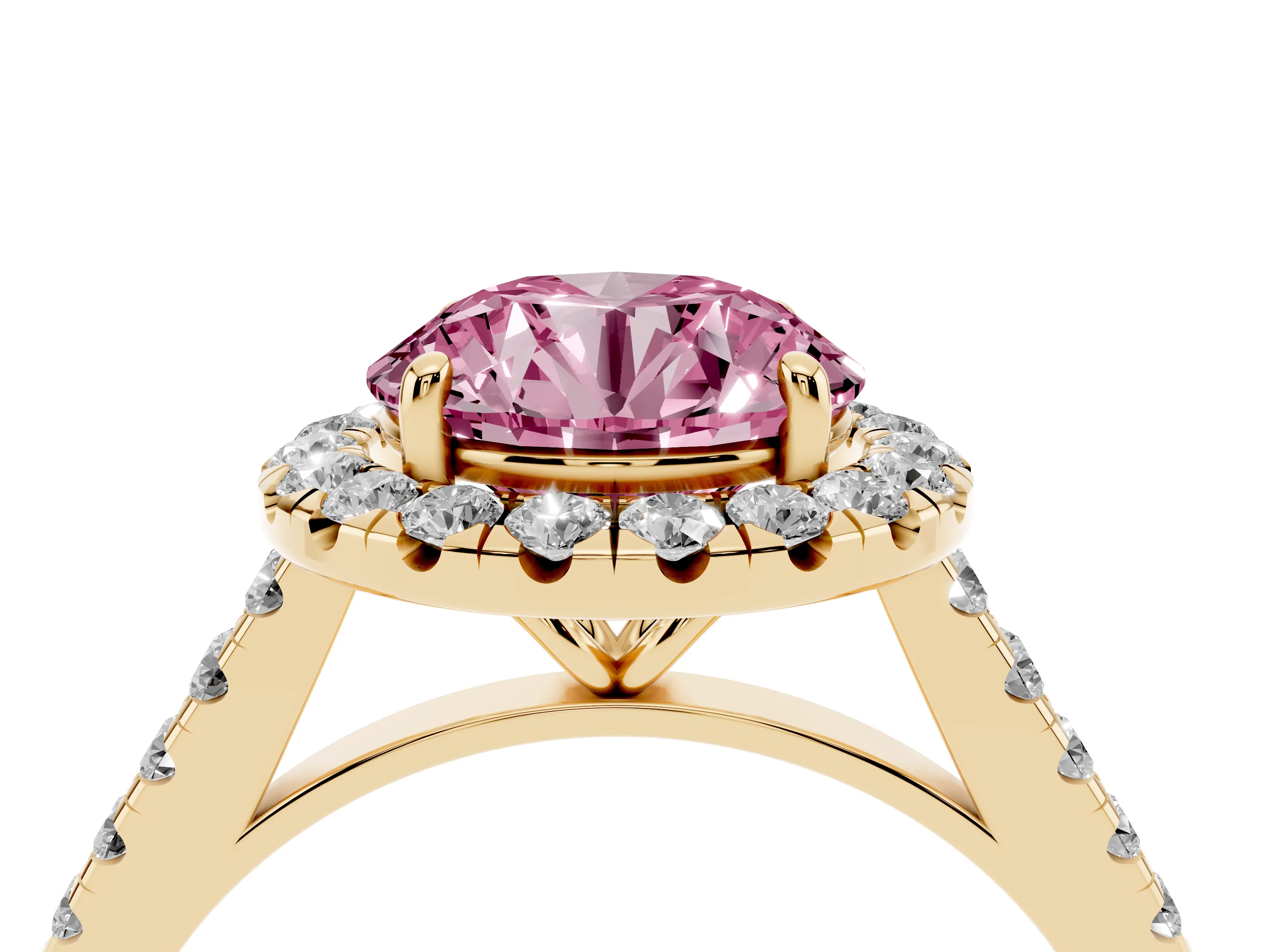 Fancy Pink Round Cut Diamond Halo Pavé Engagement Ring Set in Yellow gold with Prong Setting