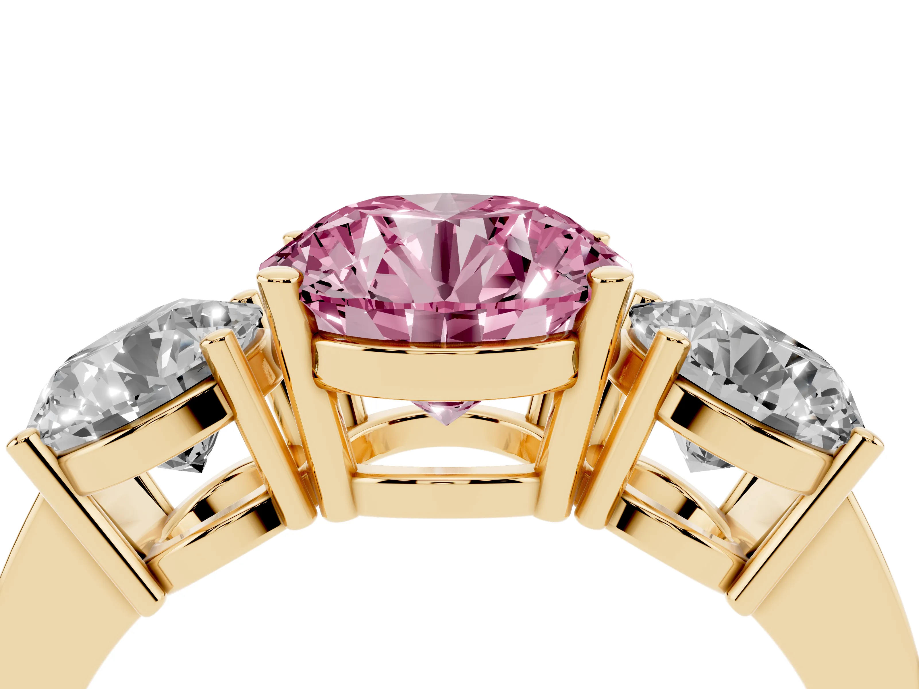 Fancy Pink Round Cut Diamond Three-Stone Engagement Ring Set in Yellow gold with Flat Band