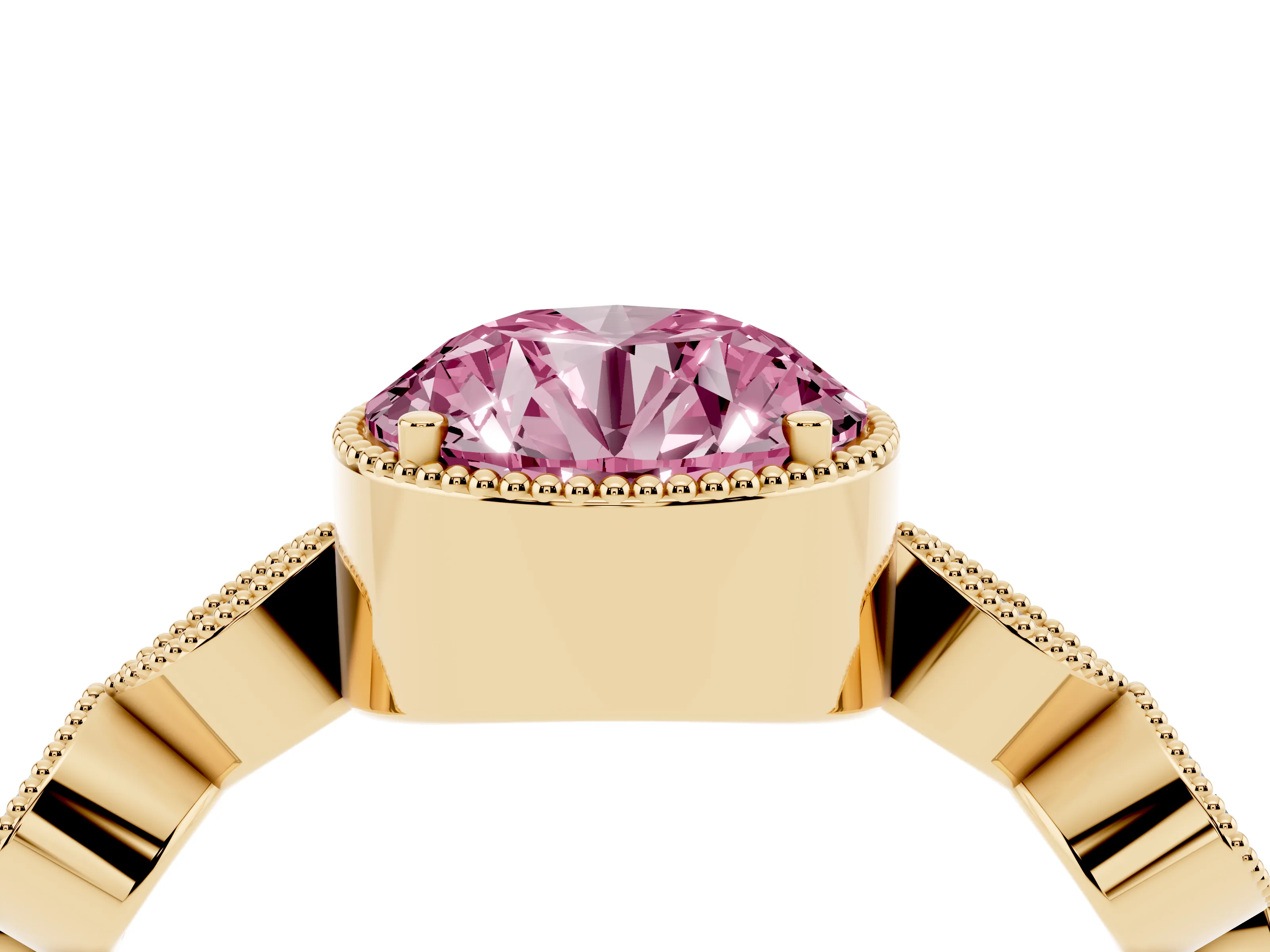 Fancy Pink Round Cut Diamond Vintage-Inspired Milgrain Ring Set in Yellow gold with Marquise Stations of Round Accents