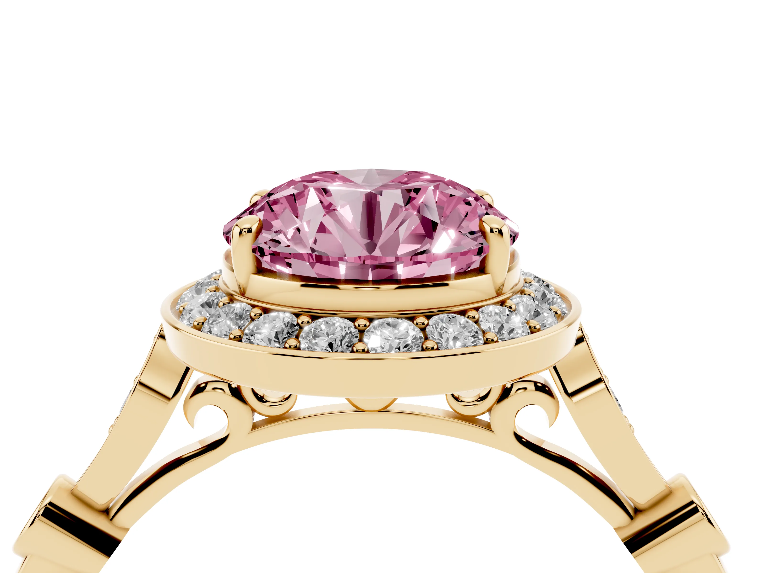 Fancy Pink Round Cut Diamond Halo Engagement Ring Set in Yellow gold with Twisted Band and Prong Setting