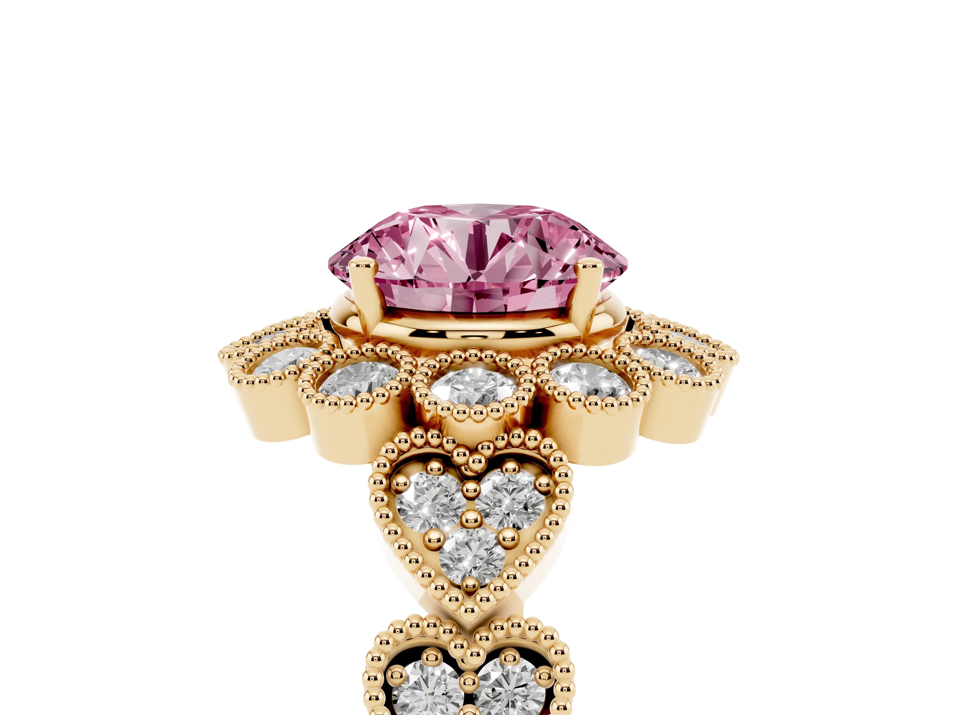 Fancy Pink Round Cut Diamond Solitaire Ring Set in Yellow gold with Milgrain Pavé Heart Band