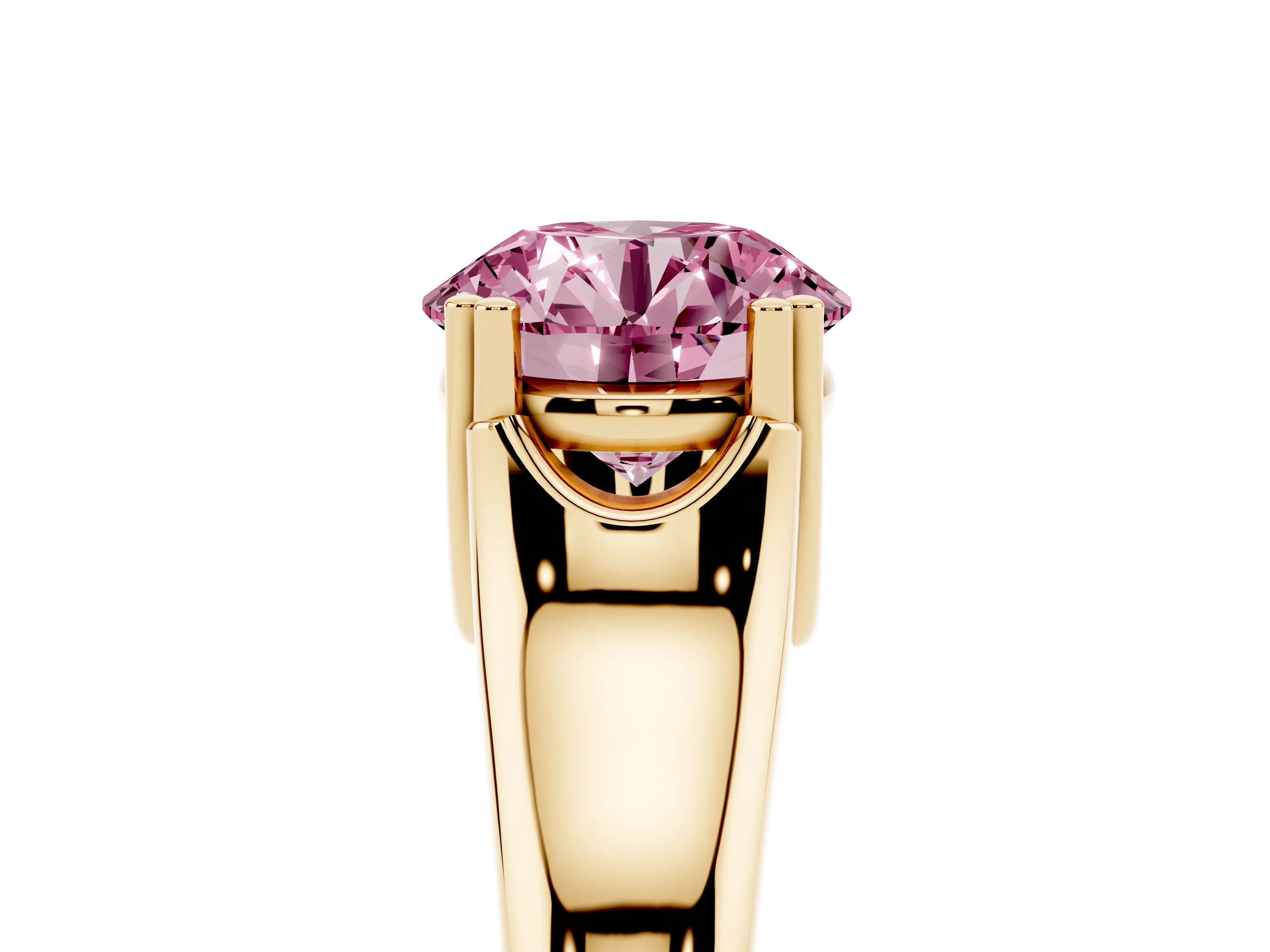 Fancy Pink Round Cut Diamond Solitaire Ring Set in Yellow gold with Wide Band and Prong Setting