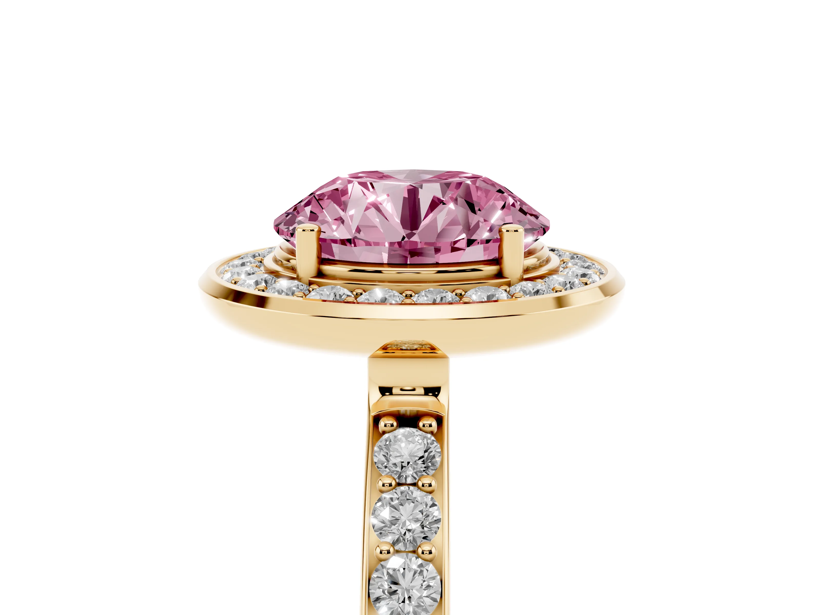 Fancy Pink Round Cut Diamond Halo Ring Set in Yellow gold with Bezel Frame and Pavé Band