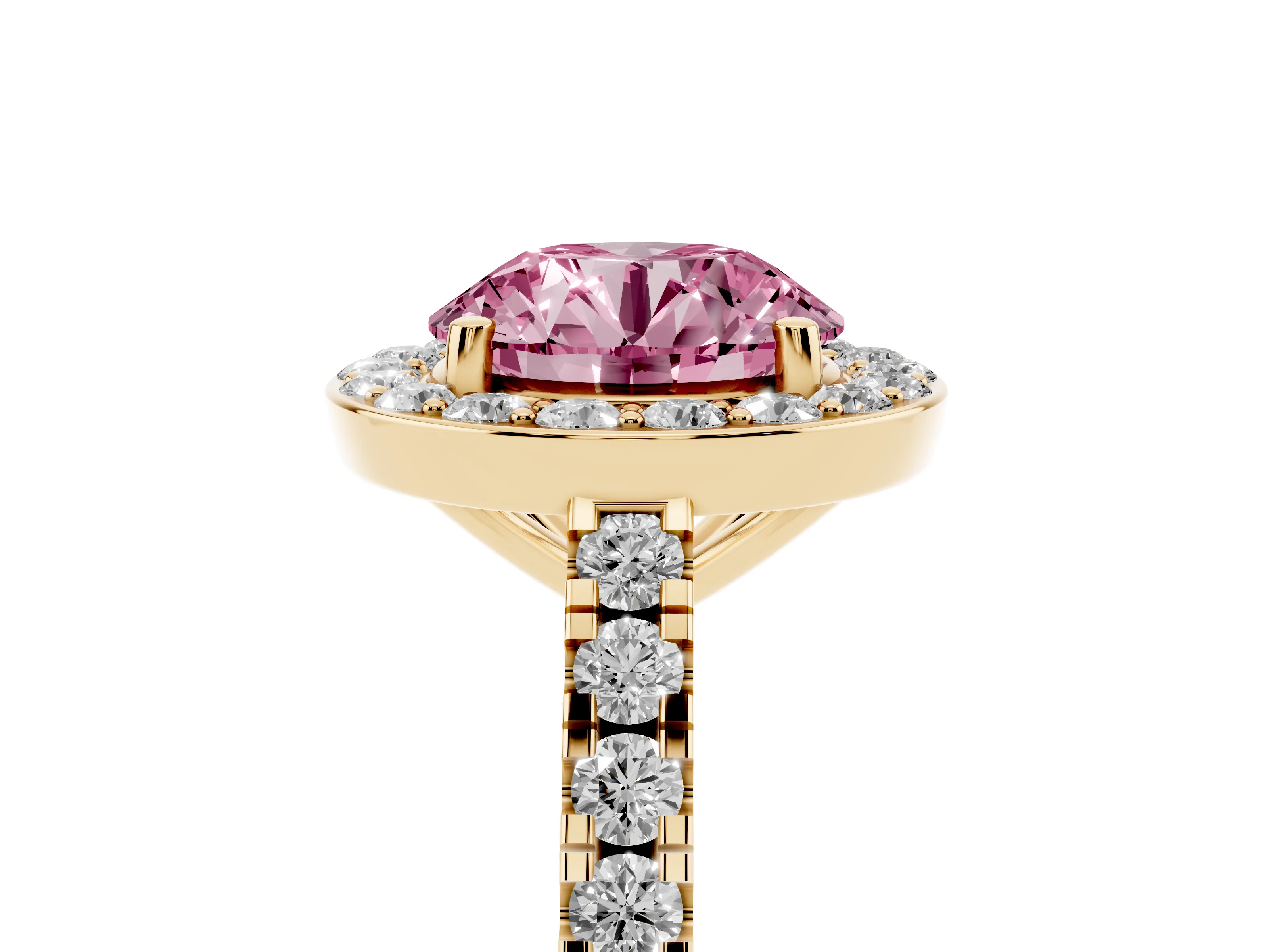 Fancy Pink Round Cut Diamond Halo Ring Set in Yellow gold with Round Pavé Split Shank and Prong Setting
