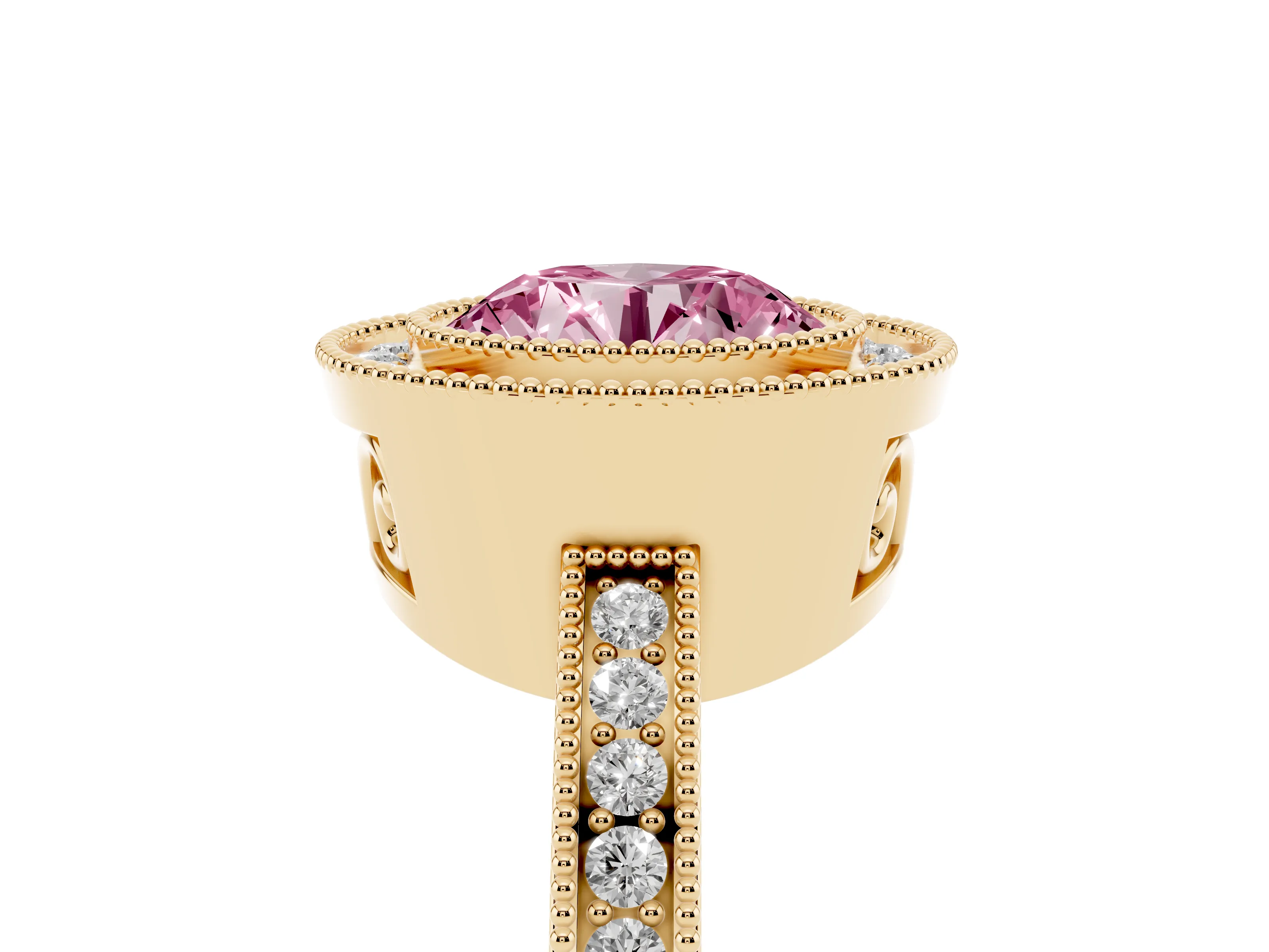 Fancy Pink Round Cut Diamond Halo Ring Set in Yellow gold with Pavé Band and Milgrain-Edged Prongs