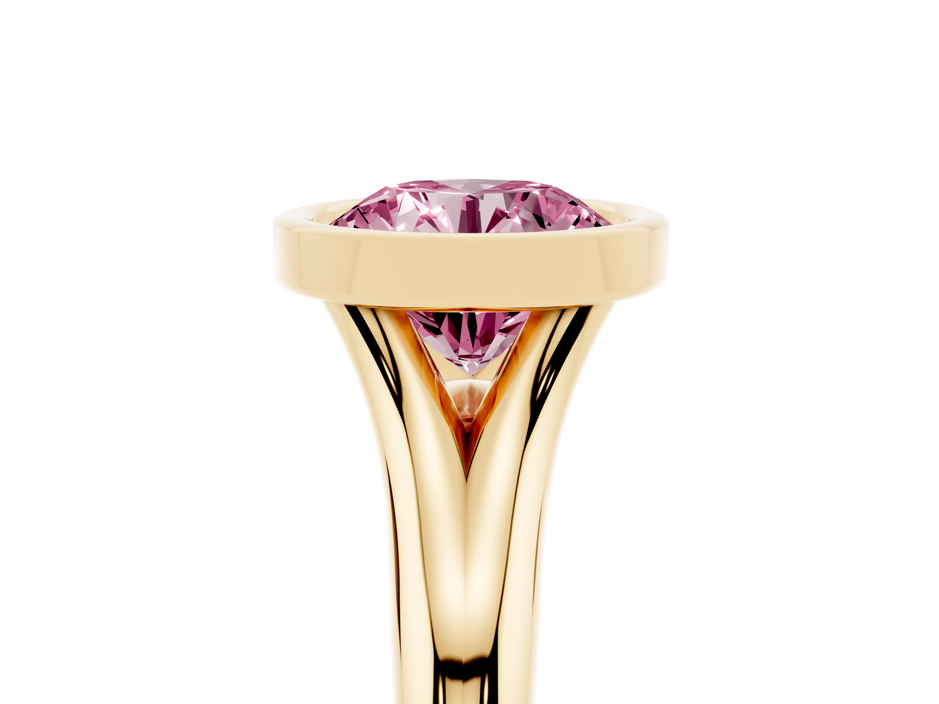 Fancy Pink Bezel Set Round Cut Diamond Solitaire Ring Set in Yellow gold with Smooth Band