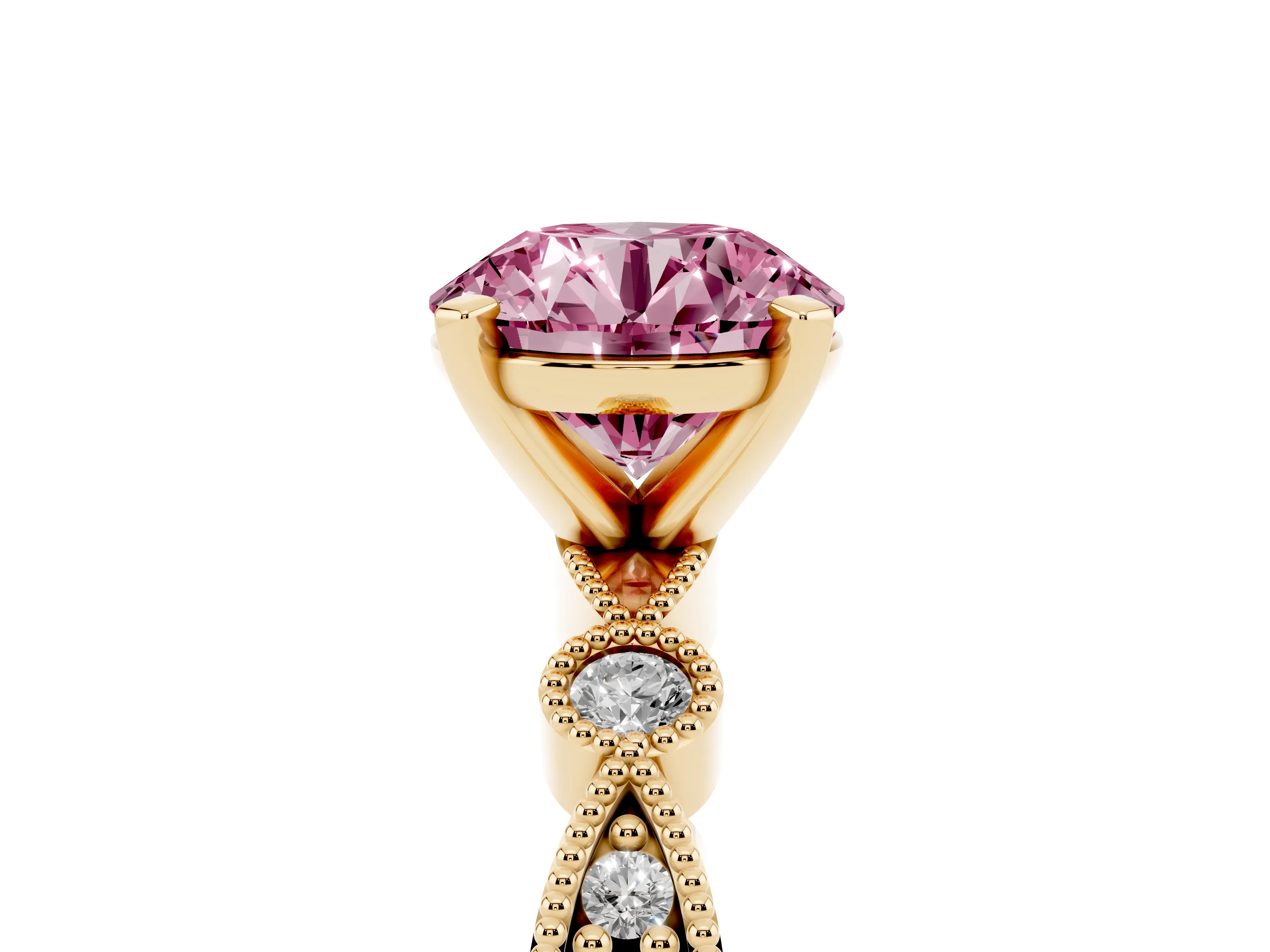 Fancy Pink Round Cut Diamond Solitaire Engagement Ring Set in Yellow gold with Milgrain Bezel Accent Band