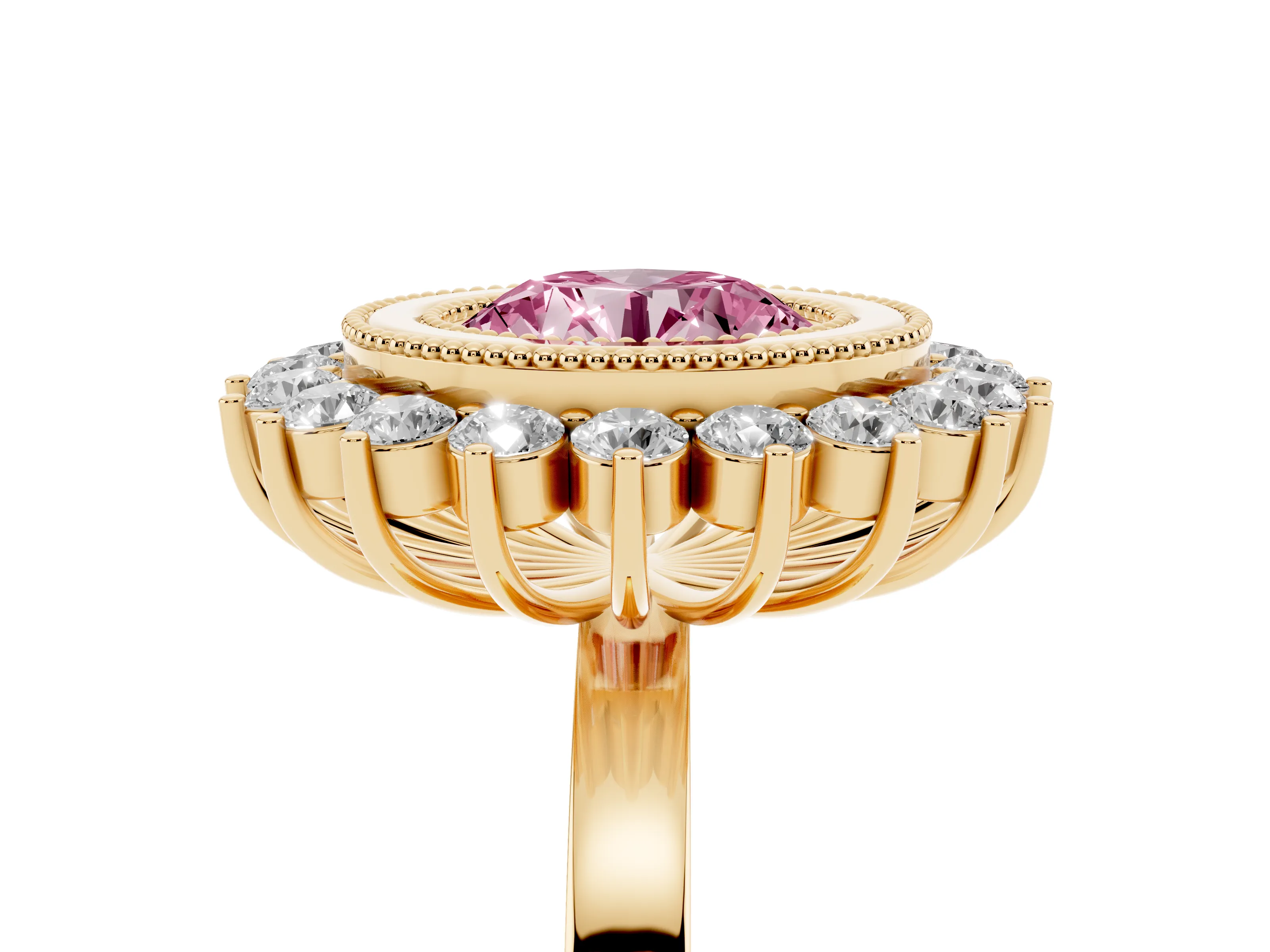 Fancy Pink Round Cut Diamond Halo Ring Set in Yellow gold with Milgrain Edge and Round Prong Setting