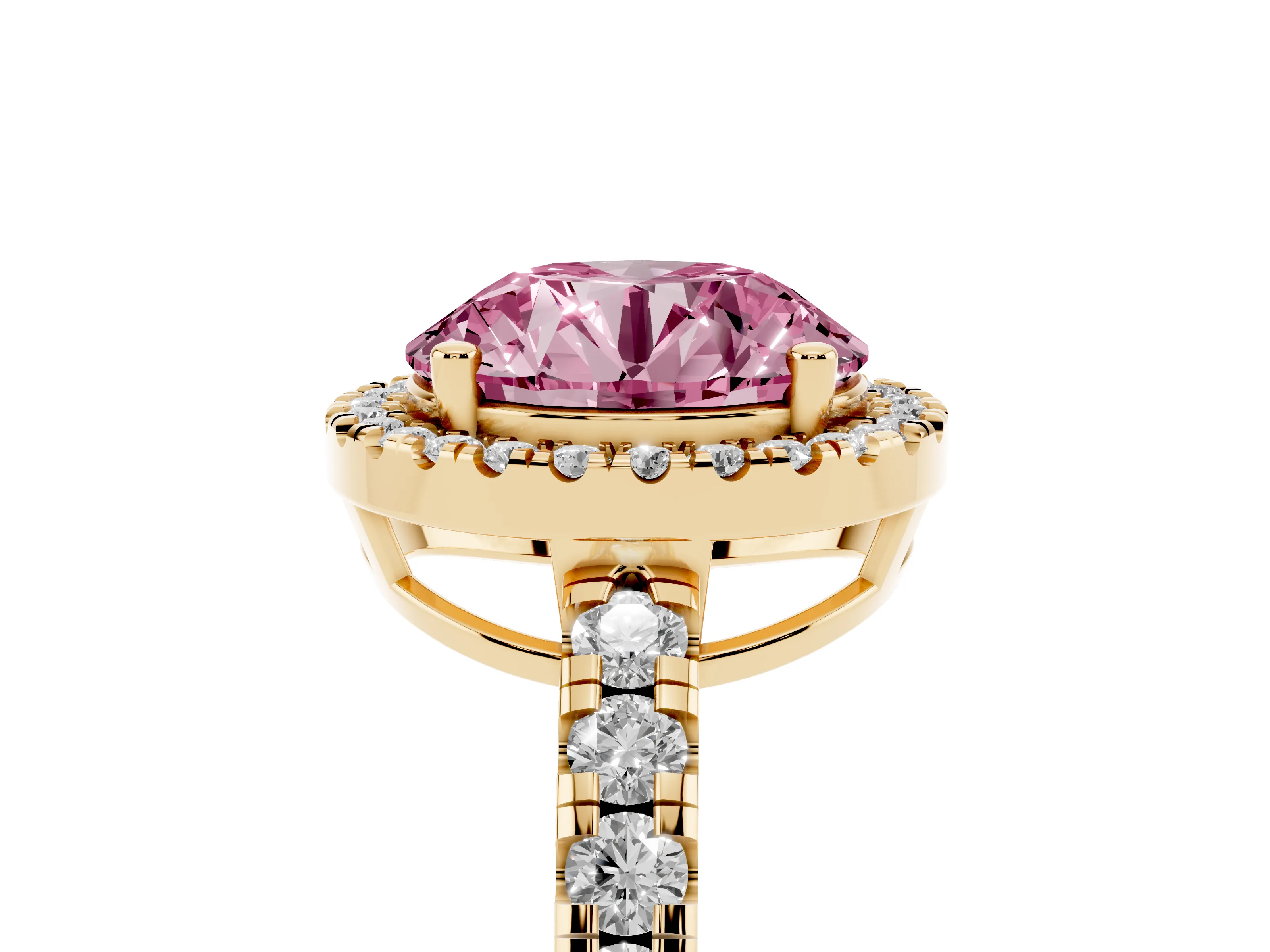 Fancy Pink Round Cut Diamond Halo Ring Set in Yellow gold with Delicate Pavé Band and Prong Setting