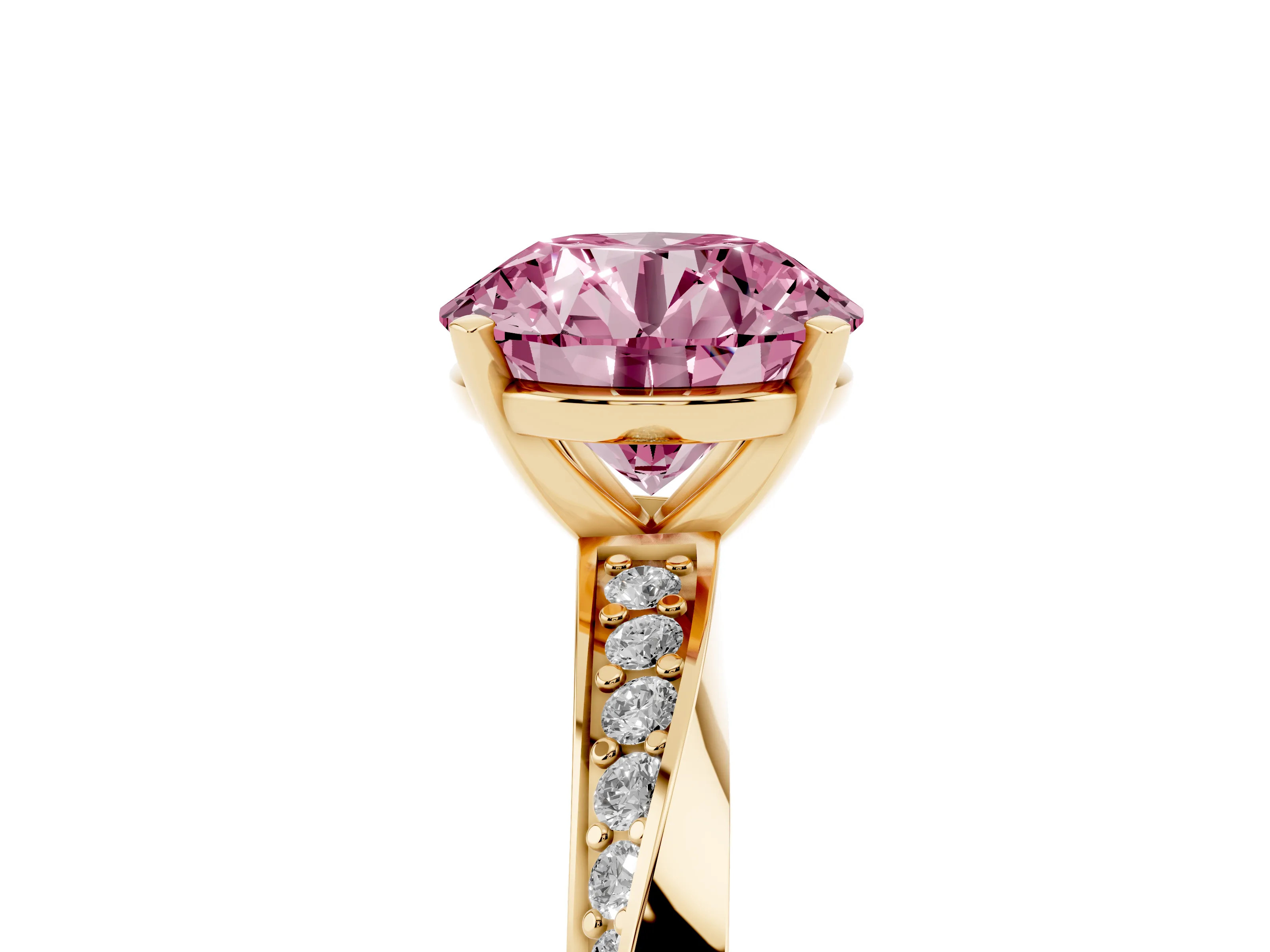 Fancy Pink Round Cut Diamond Engagement Ring Set in Yellow gold with Side Stone Accents and Prong Setting