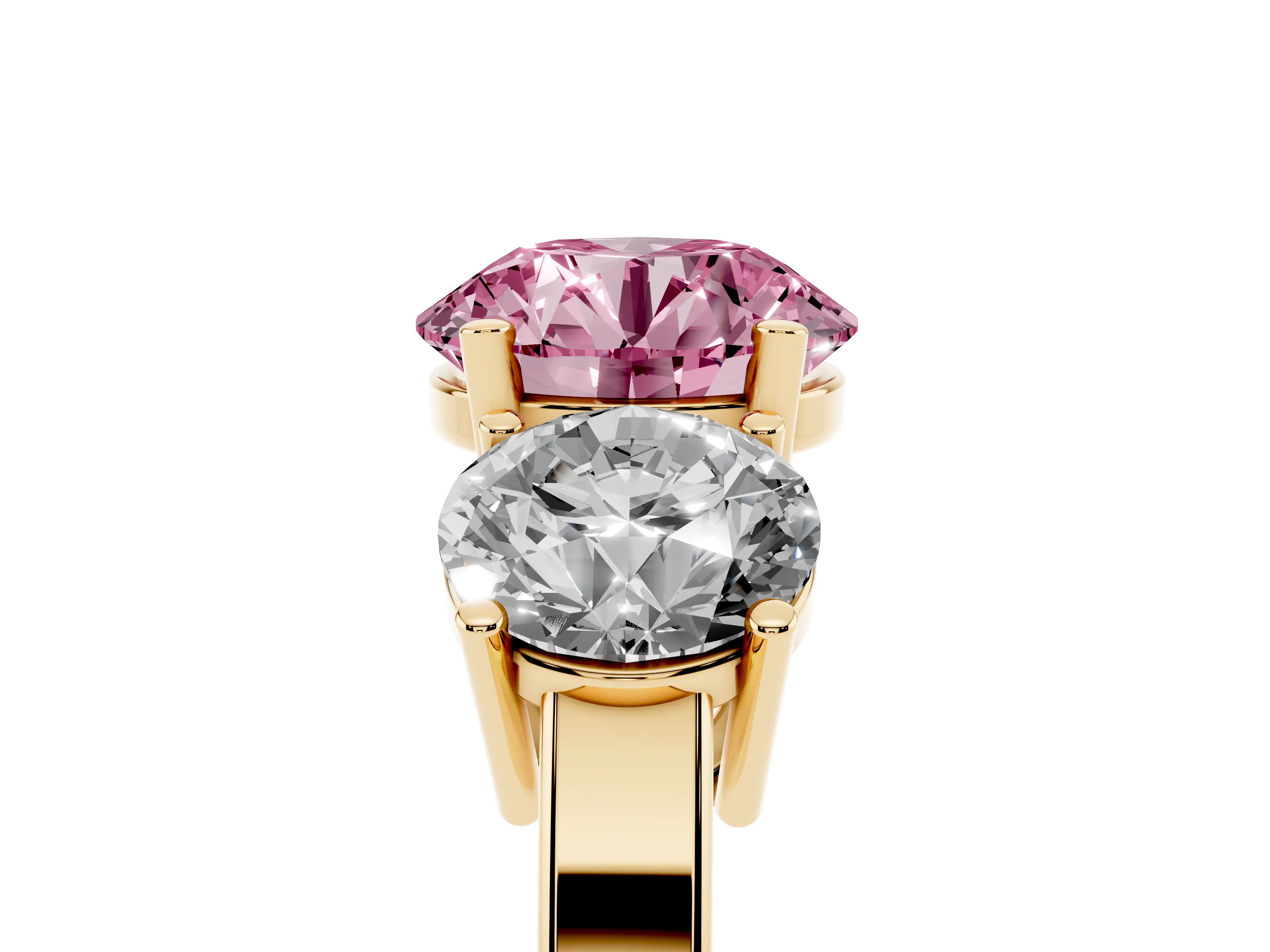 Fancy Pink Round Cut Diamond Three-Stone Engagement Ring Set in Yellow gold with Flat Band