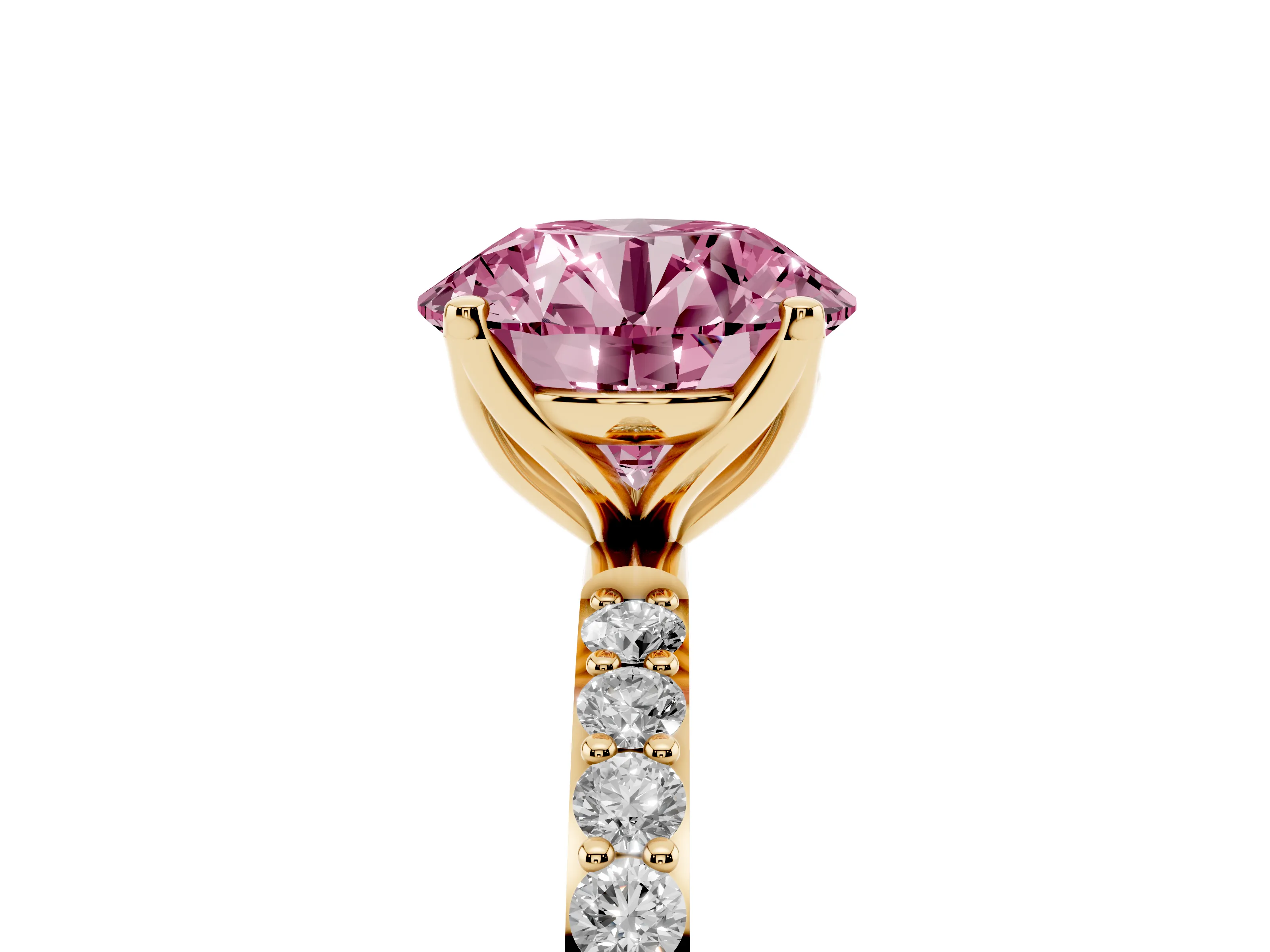 Fancy Pink Round Cut Diamond Solitaire Engagement Ring Set in Yellow gold with Round Pavé Band and Prong Setting