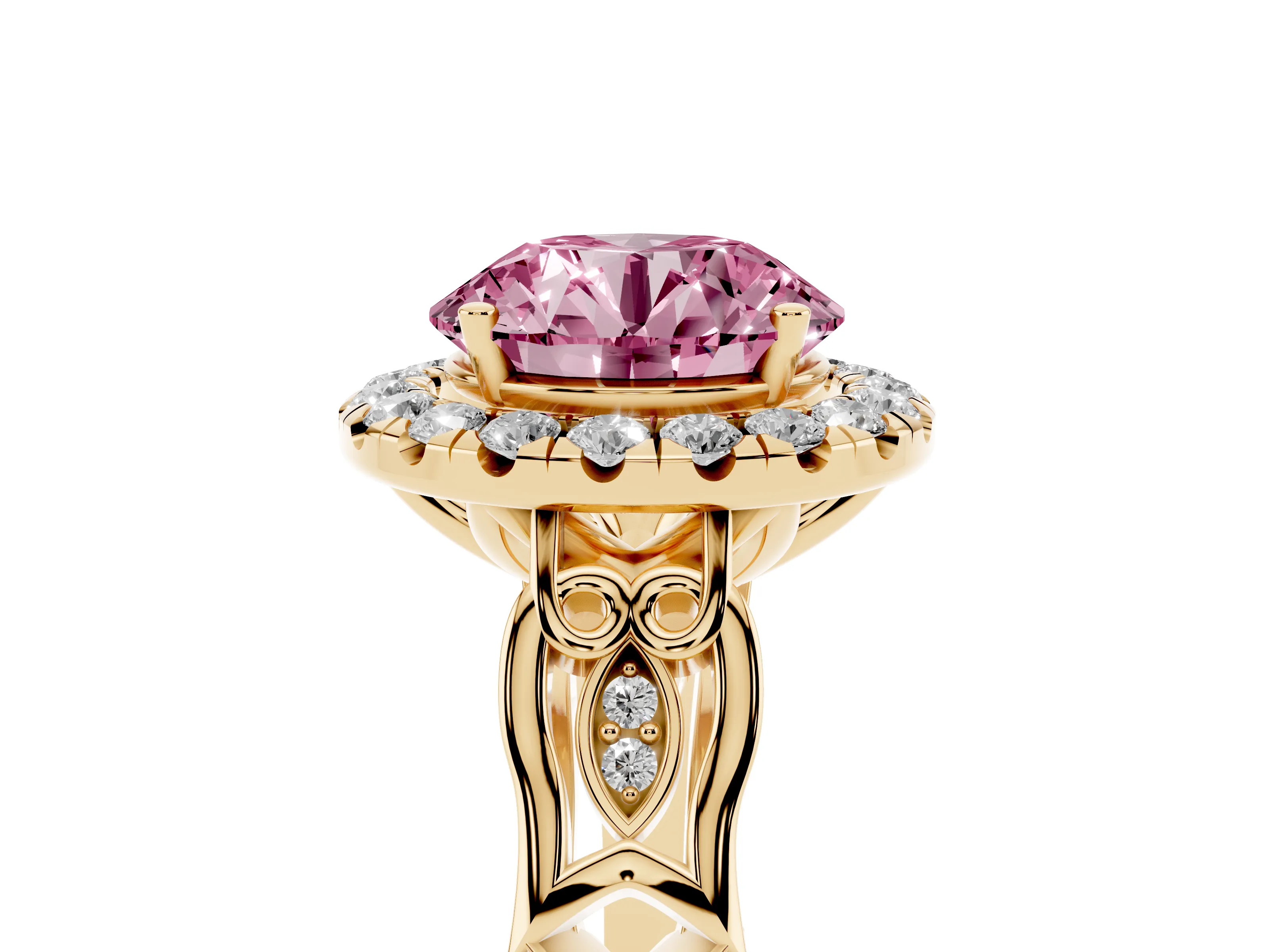 Fancy Pink Round Cut Diamond Halo Engagement Ring Set in Yellow gold with Filigree Band and Prong-Set Center
