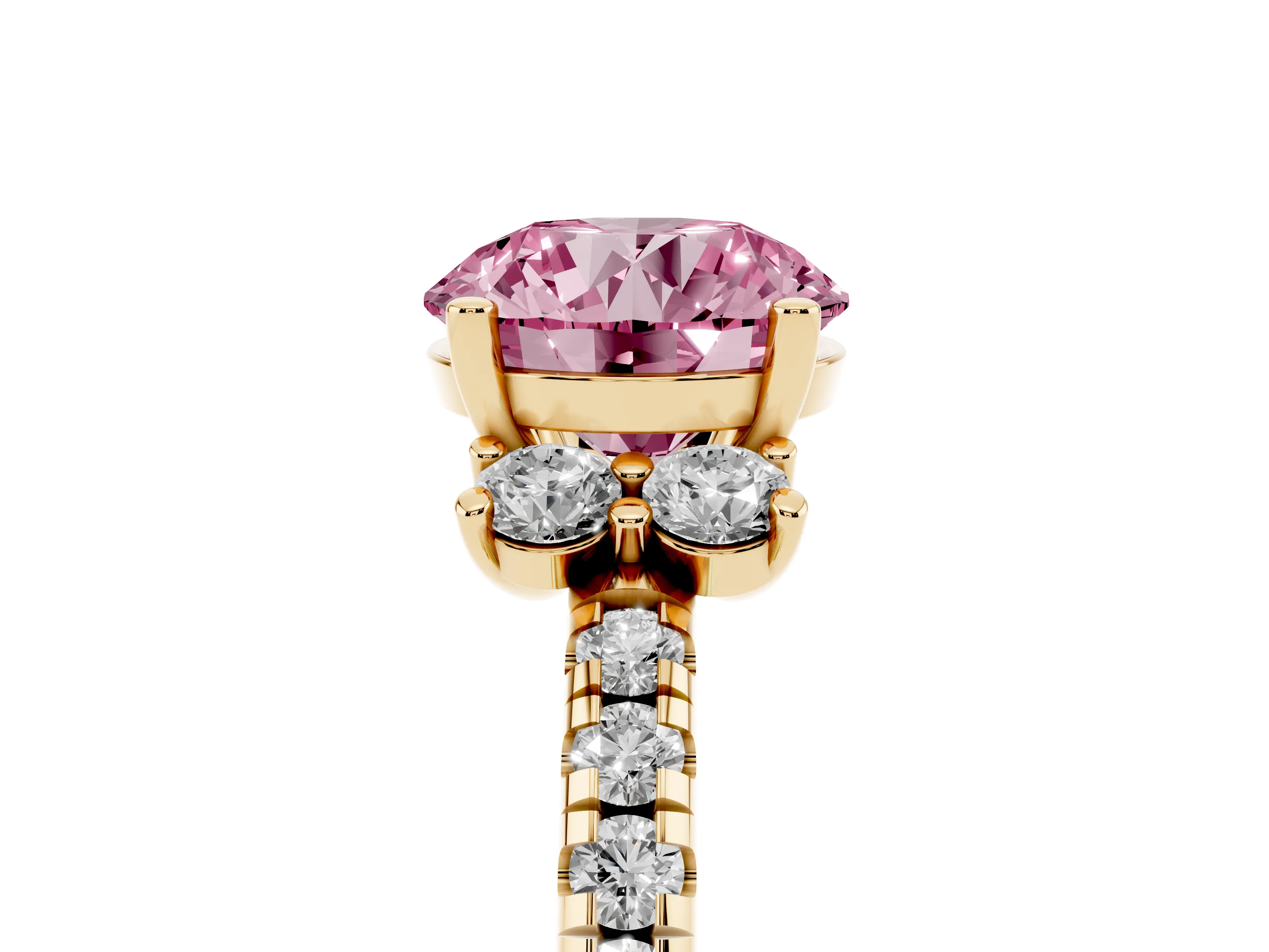 Fancy Pink Round Cut Diamond Three-Stone Pavé Ring Set in Yellow gold with Prong Setting