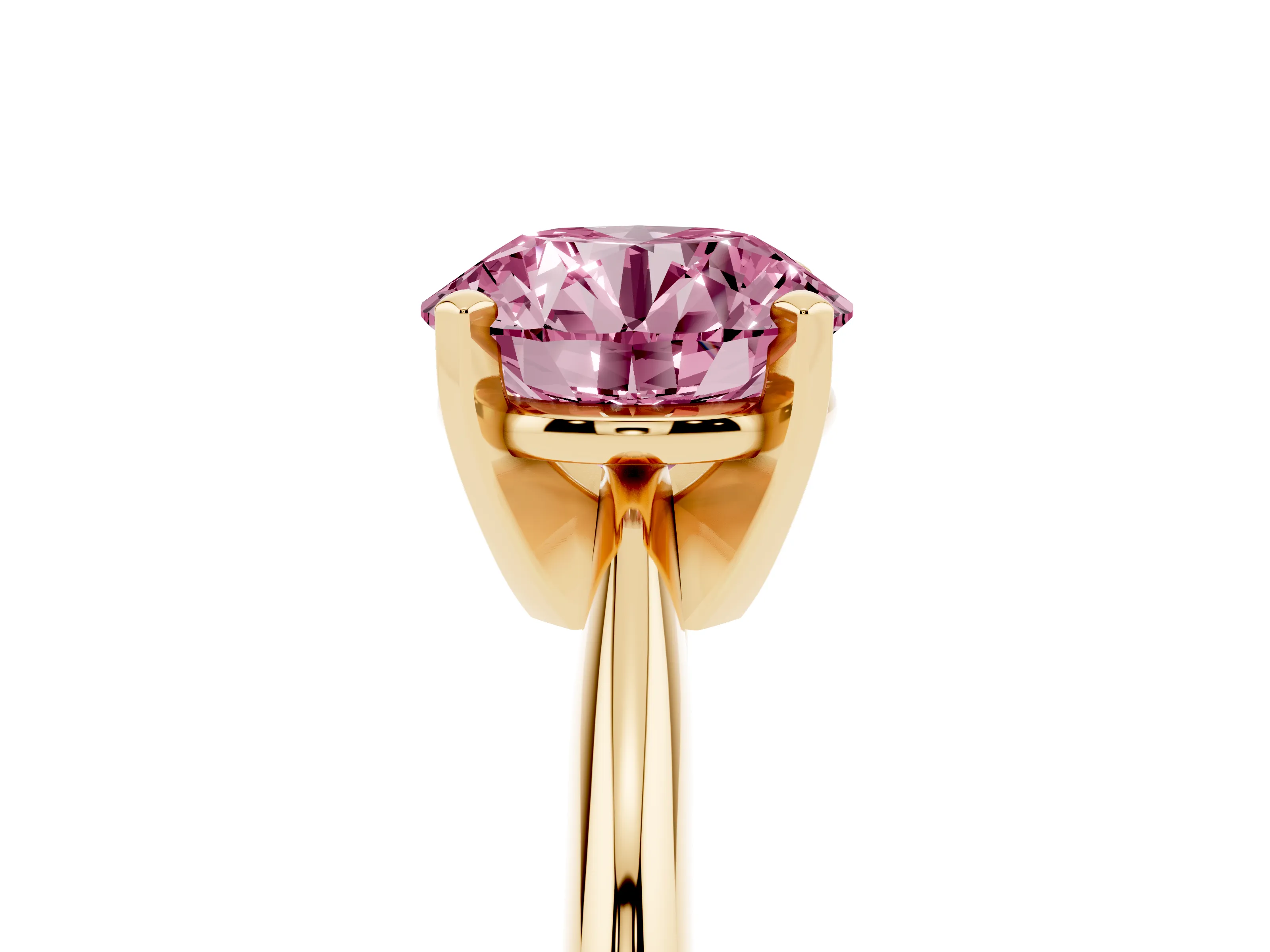 Fancy Pink Round Cut Diamond Solitaire Ring Set in Yellow gold with Prong Setting on a Plain Round Band