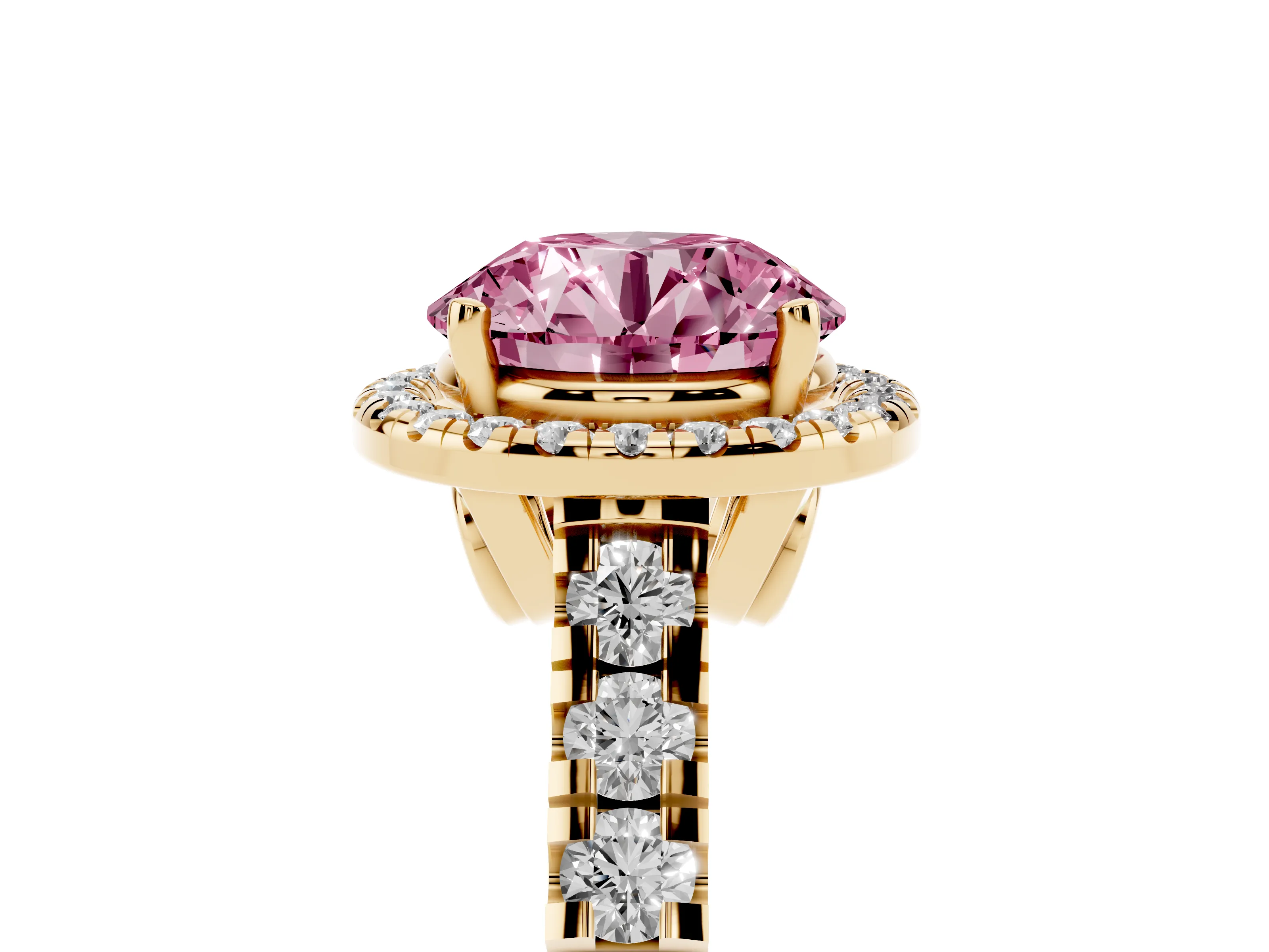 Fancy Pink Round Cut Diamond Halo Engagement Ring Set in Yellow gold with Pavé Band and Prong-Set Center