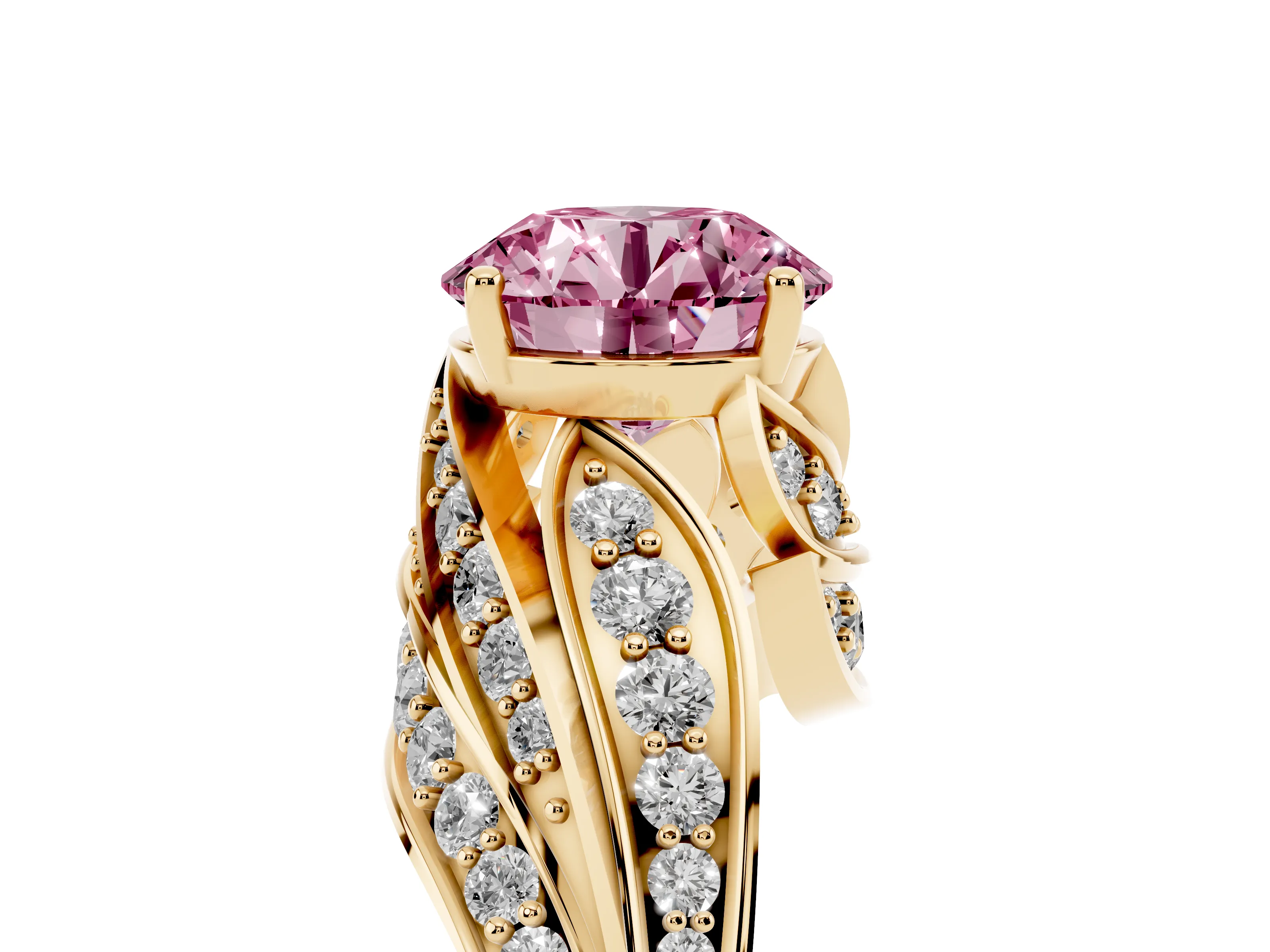 Fancy Pink Round Cut Diamond Solitaire Ring Set in Yellow gold with Layered Twist Pavé Band