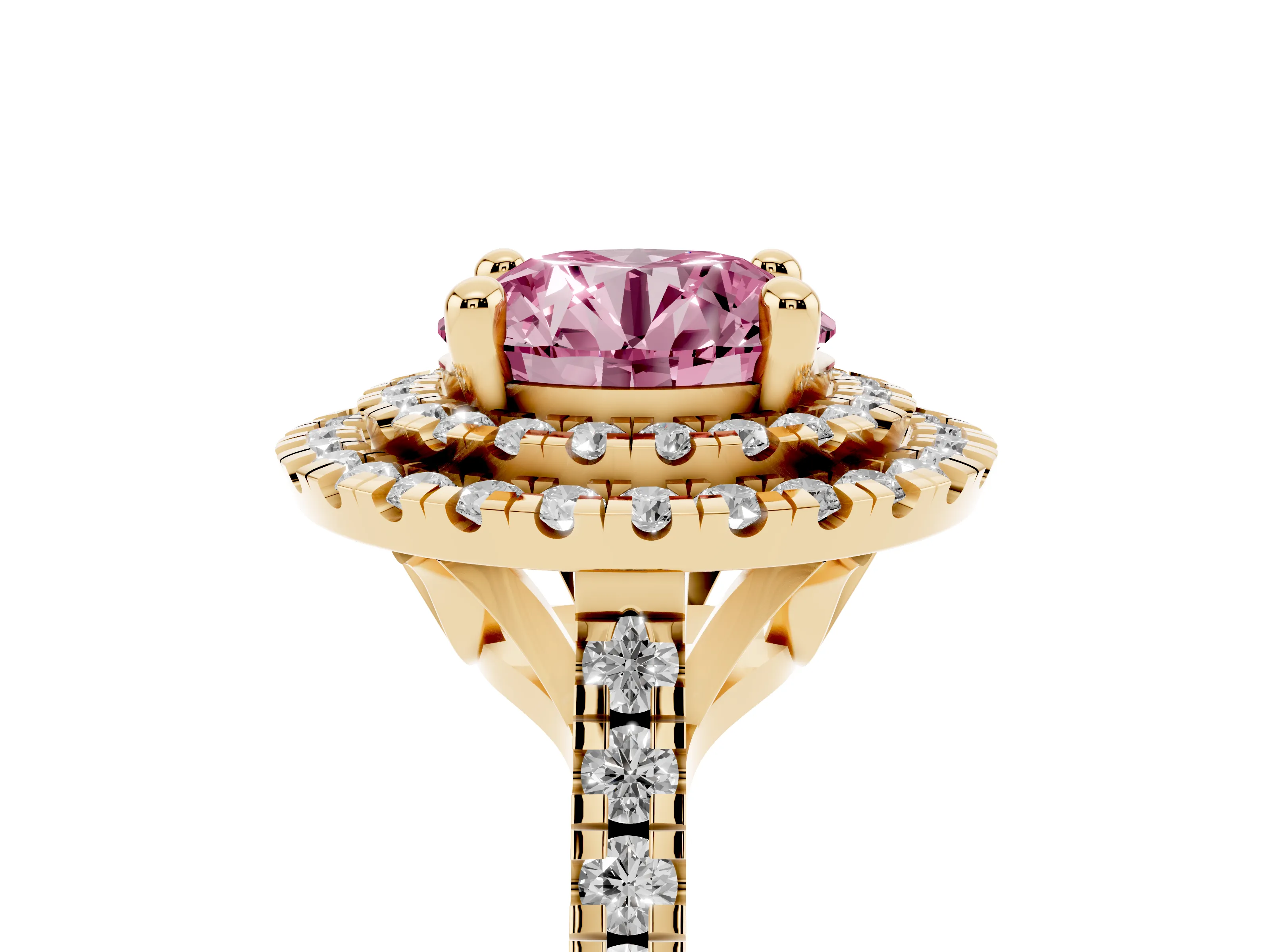 Fancy Pink Round Cut Diamond Double Halo Statement Ring Set in Yellow gold with Pavé Band