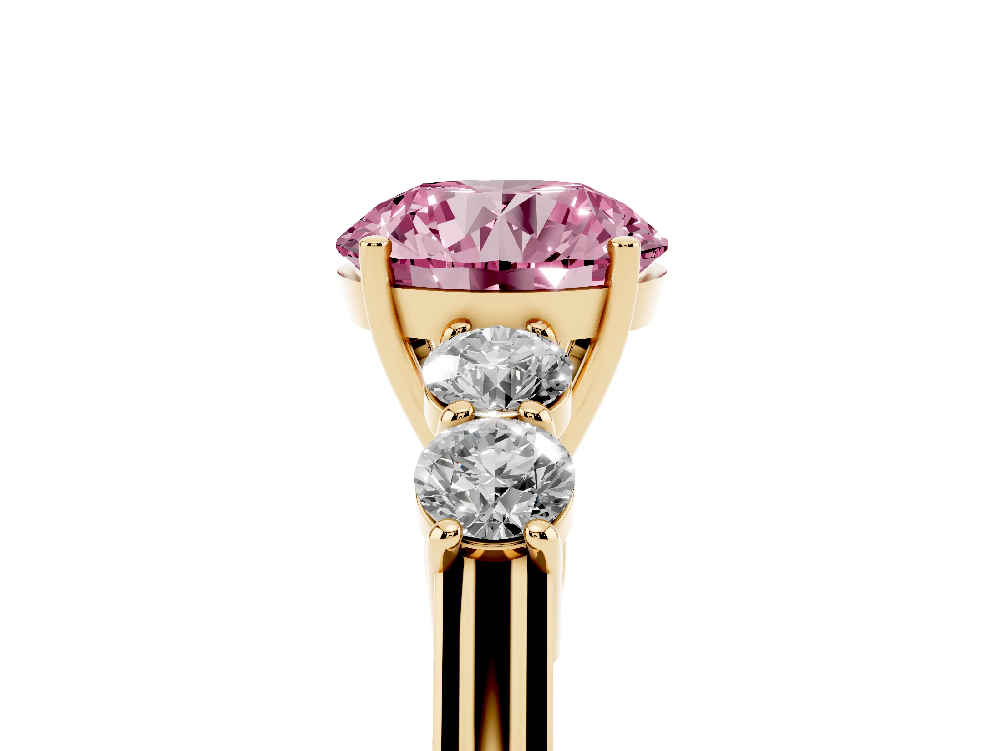 Fancy Pink Round Cut Diamond Five-Stone Prong Set Band Ring Set in Yellow gold with Polished Band