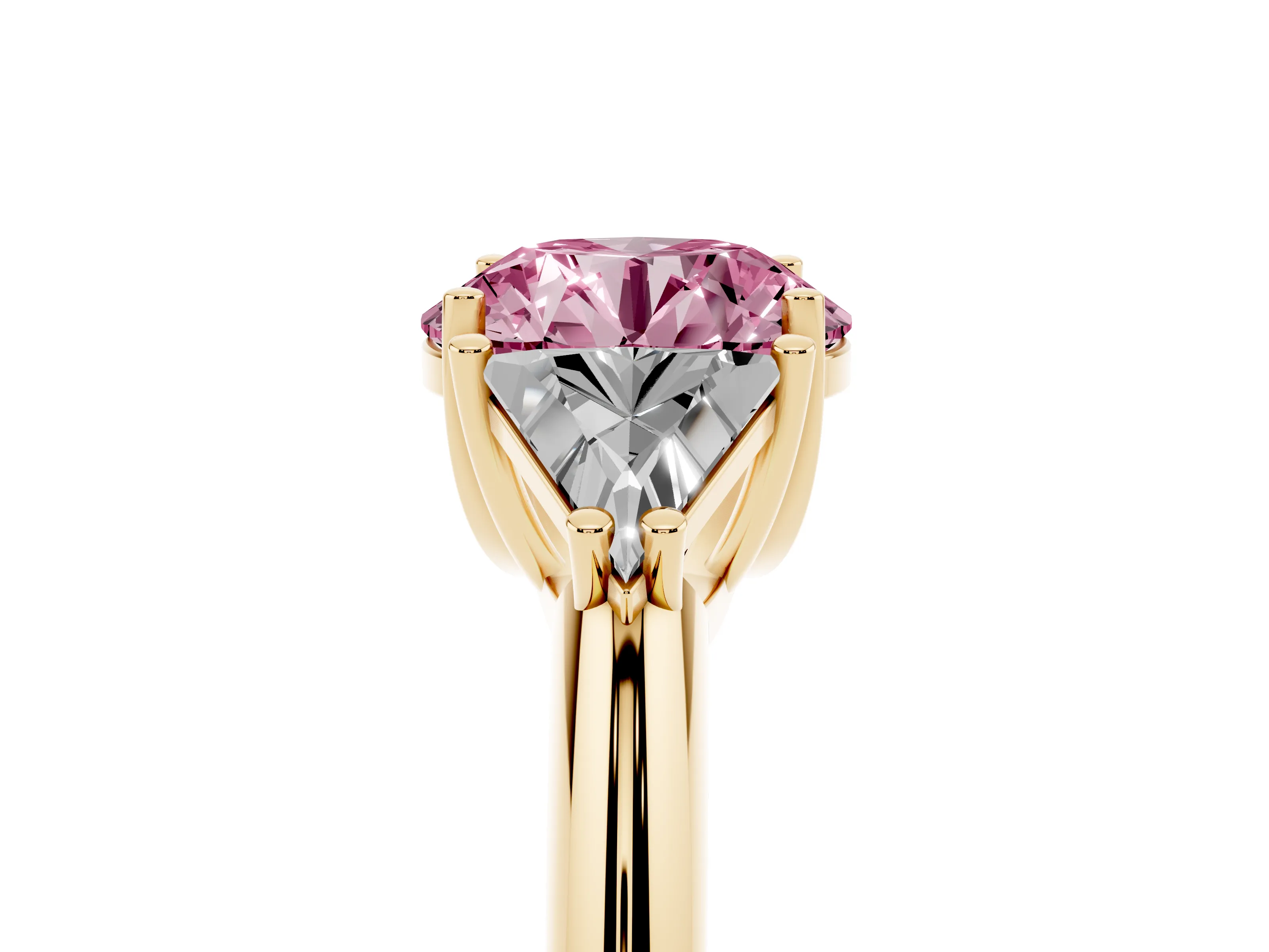 Fancy Pink Round Cut Diamond Three-Stone Engagement Ring Set in Yellow gold with Trillion Side Stones