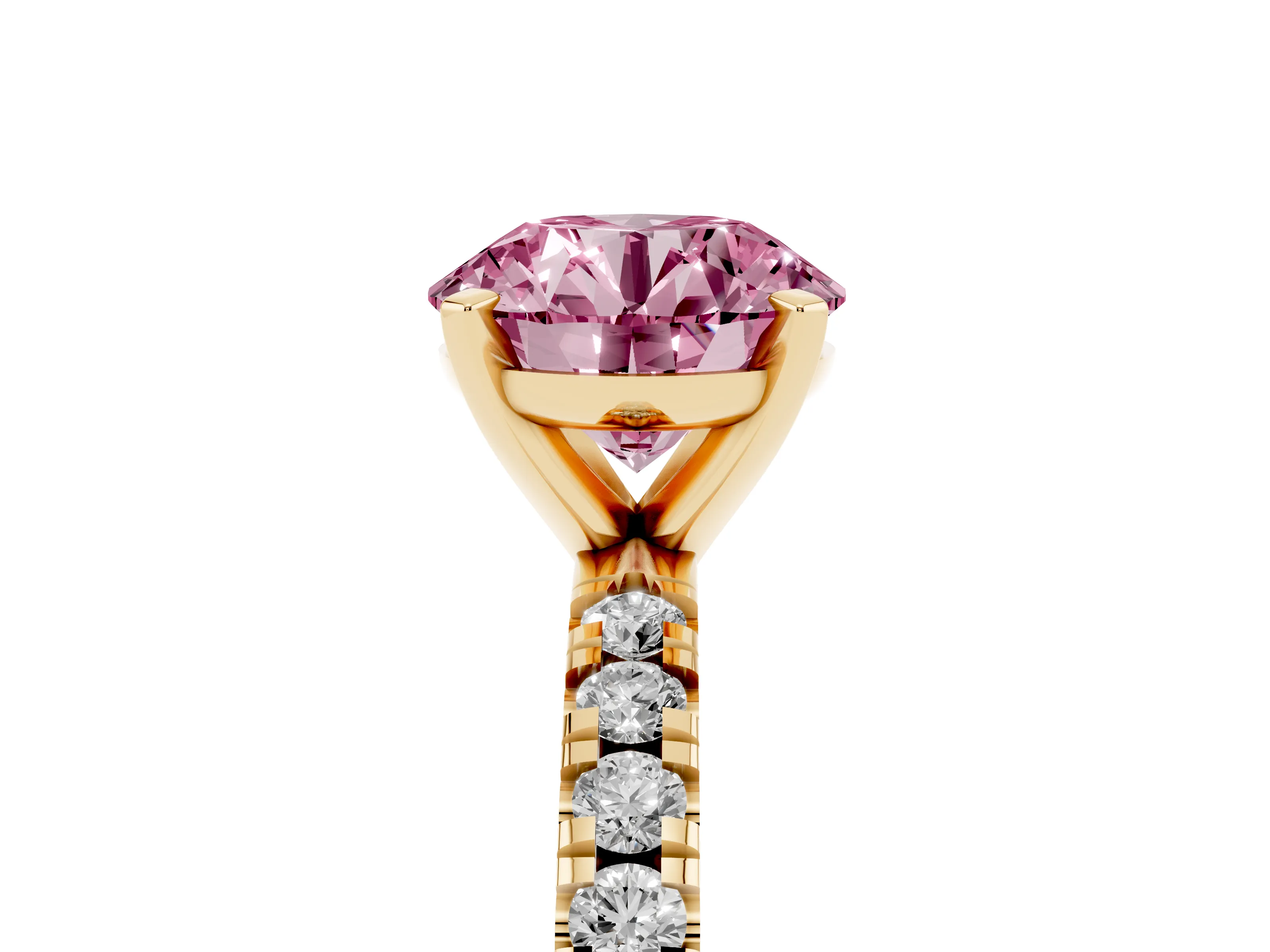 Fancy Pink Round Cut Diamond Pavé Band Solitaire Set in Yellow gold with Prong Setting