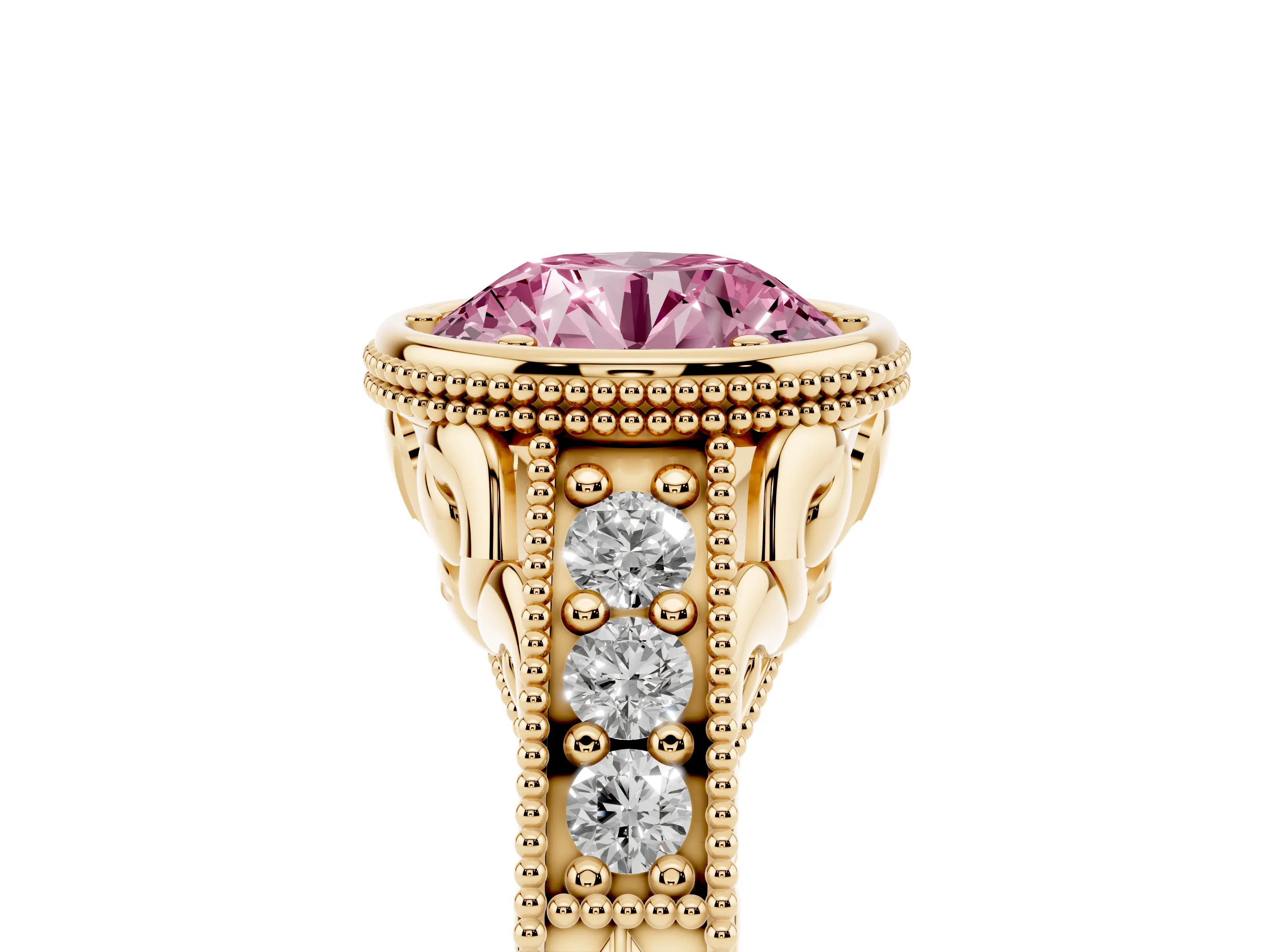 Fancy Pink Bezel Set Round Cut Diamond Milgrain Pavé Engagement Ring Set in Yellow gold