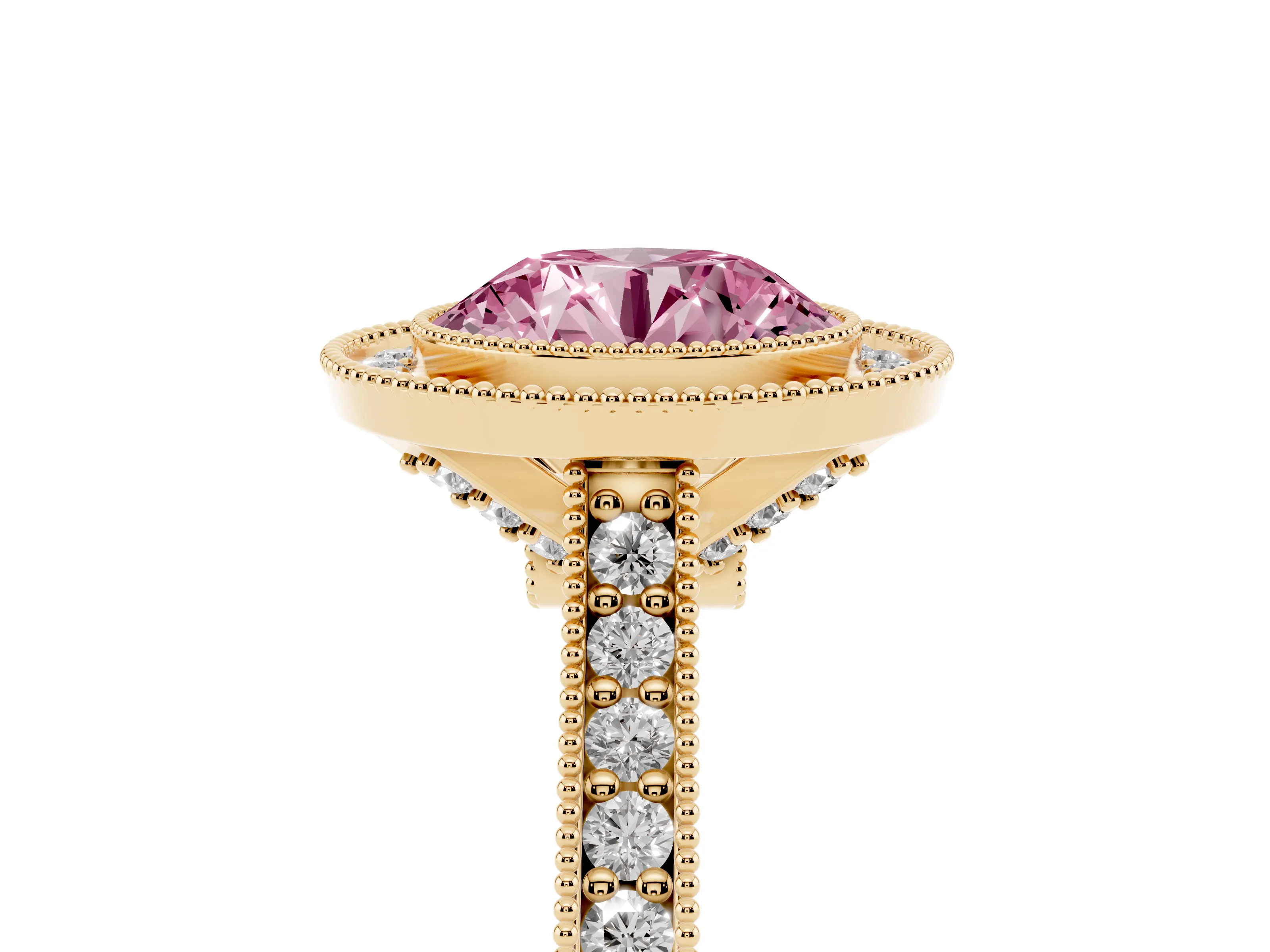 Fancy Pink Round Cut Diamond Halo Milgrain Pavé Band Ring Set in Yellow gold with Prong Setting