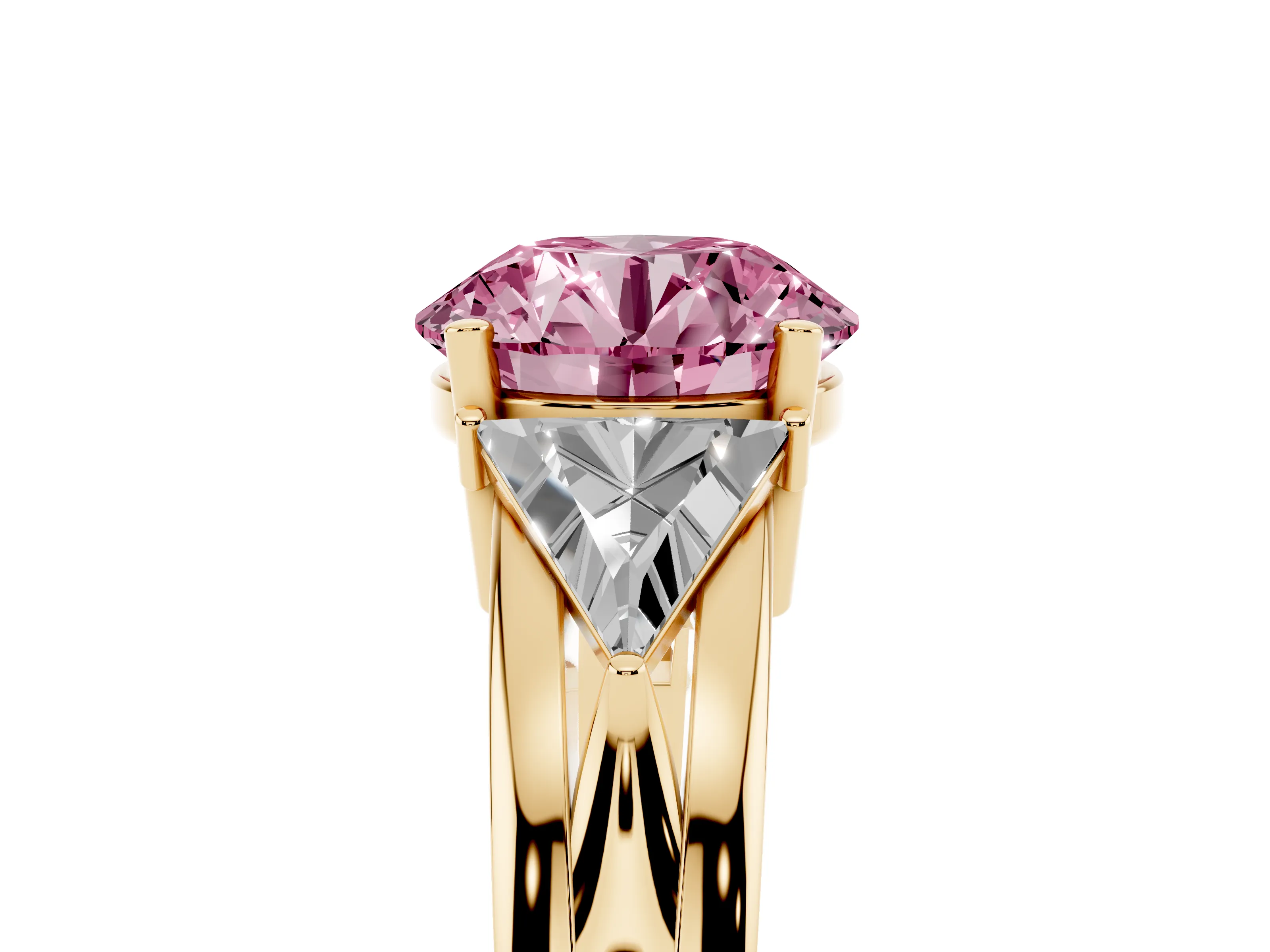 Fancy Pink Round Cut Diamond Three-Stone Ring Set in Yellow gold with Trillion Side Stones and Split Shank