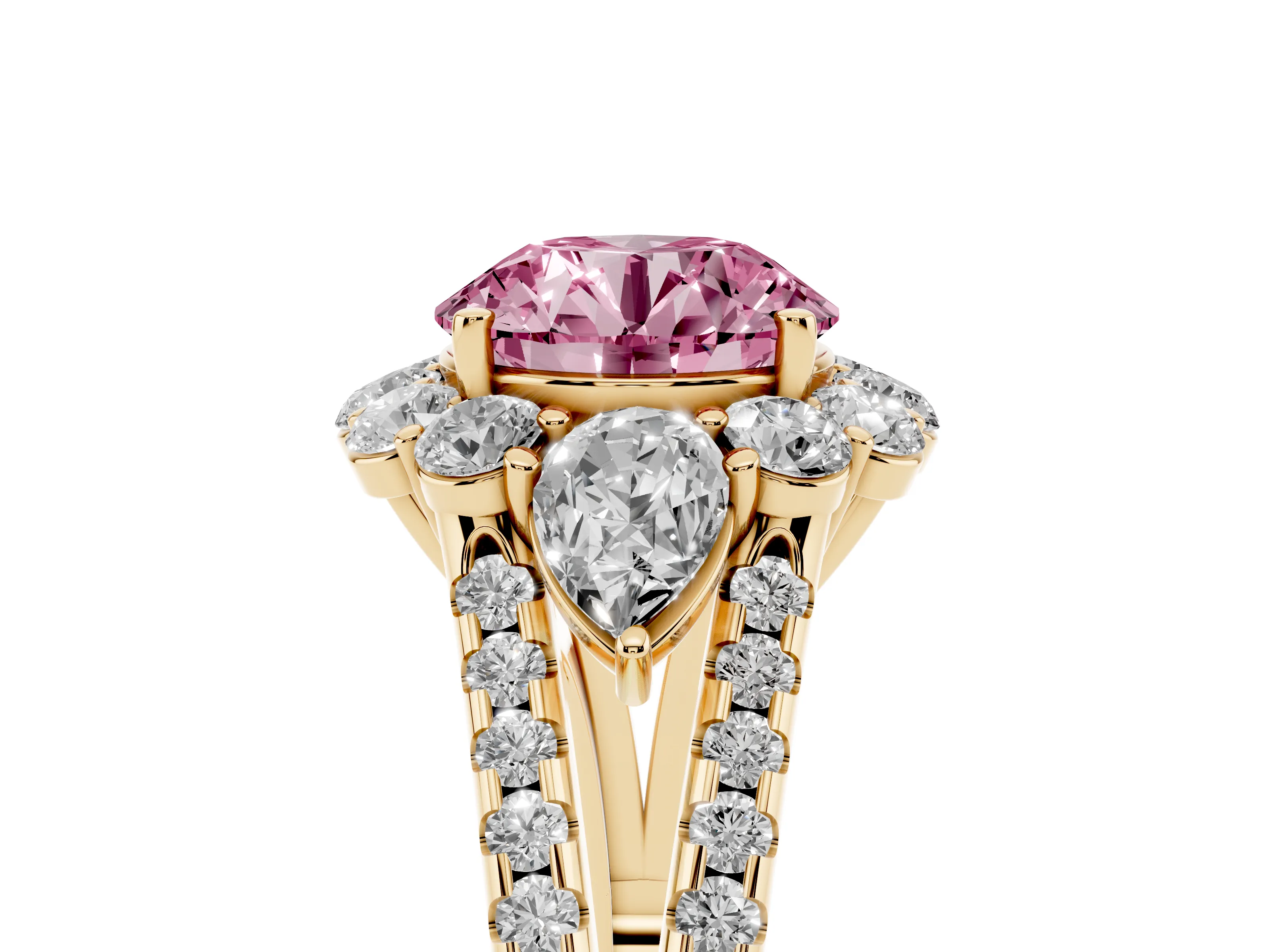 Fancy Pink Round Cut Diamond Halo Split Shank Engagement Ring Set in Yellow gold with Prong-Held Center Stone